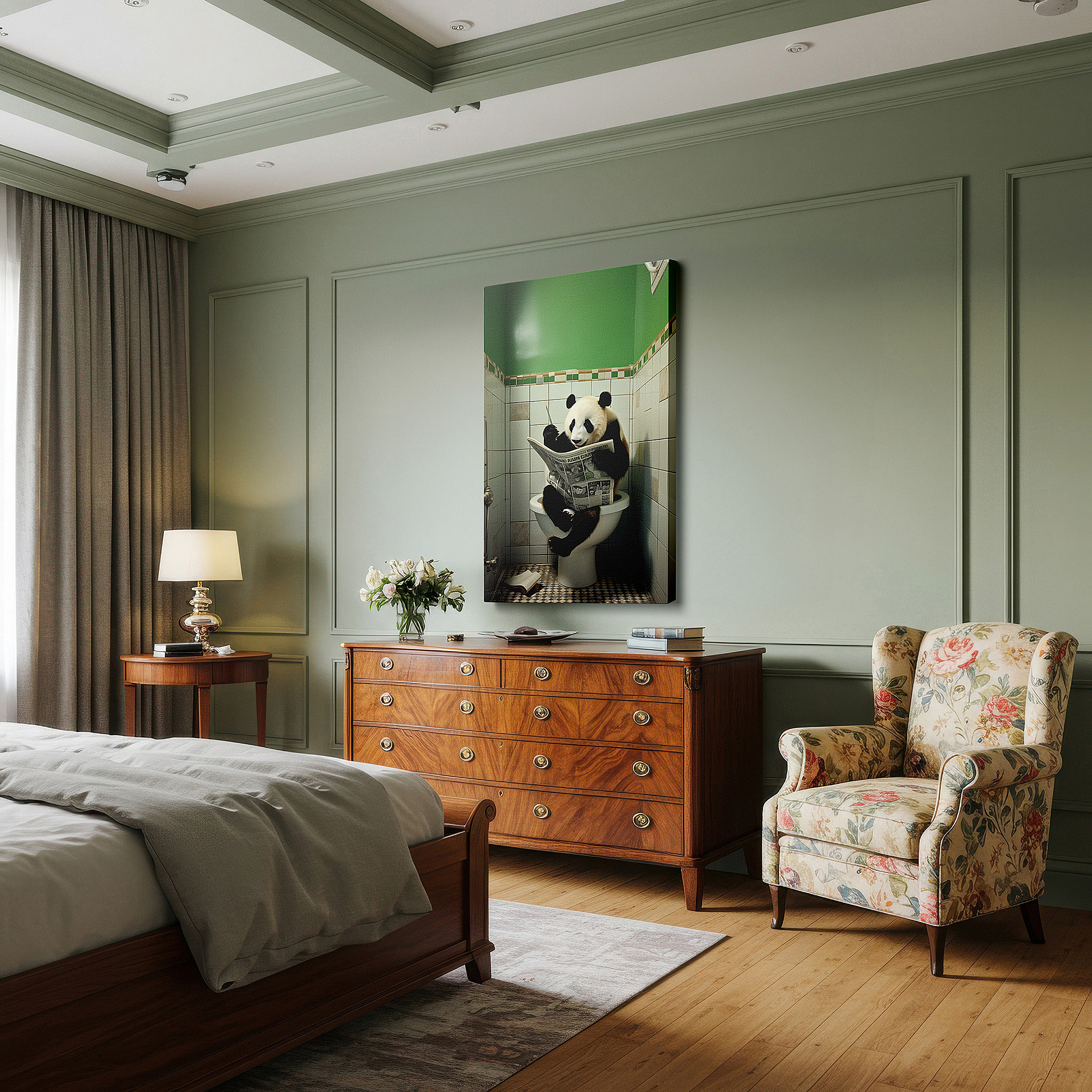 Available in 30×20 cm — a subtle addition to small personal spaces — wall art: "serene panda's humorous retreat" - large canvas featuring a panda in a human-like pose for office, bedroom, or living room decor