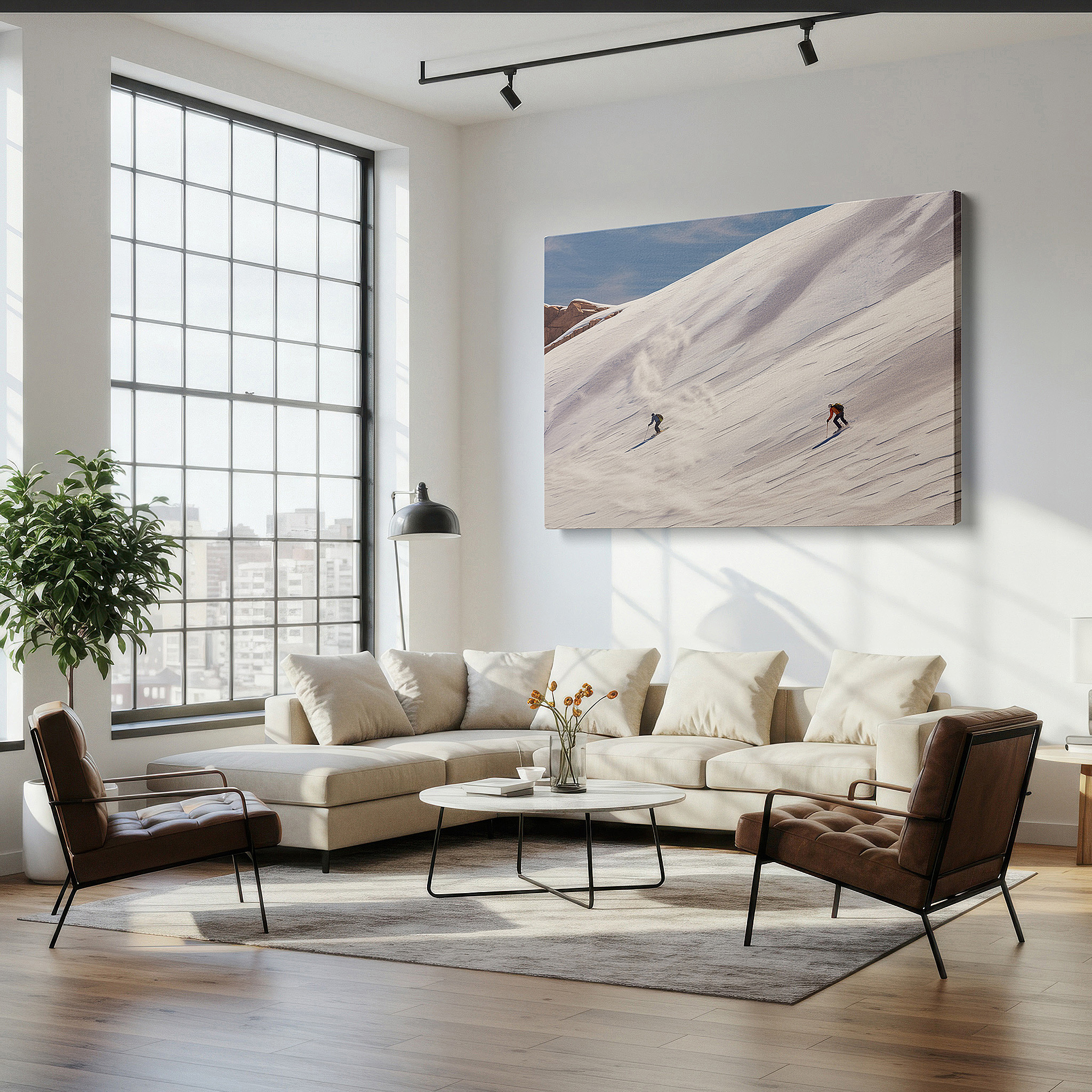Available in 30×20 cm — a subtle addition to small personal spaces — wall art: skiers gliding on snow-covered slopes beneath a bright blue sky, a vibrant tribute to winter sports and the splendor of nature, large canvas wall art