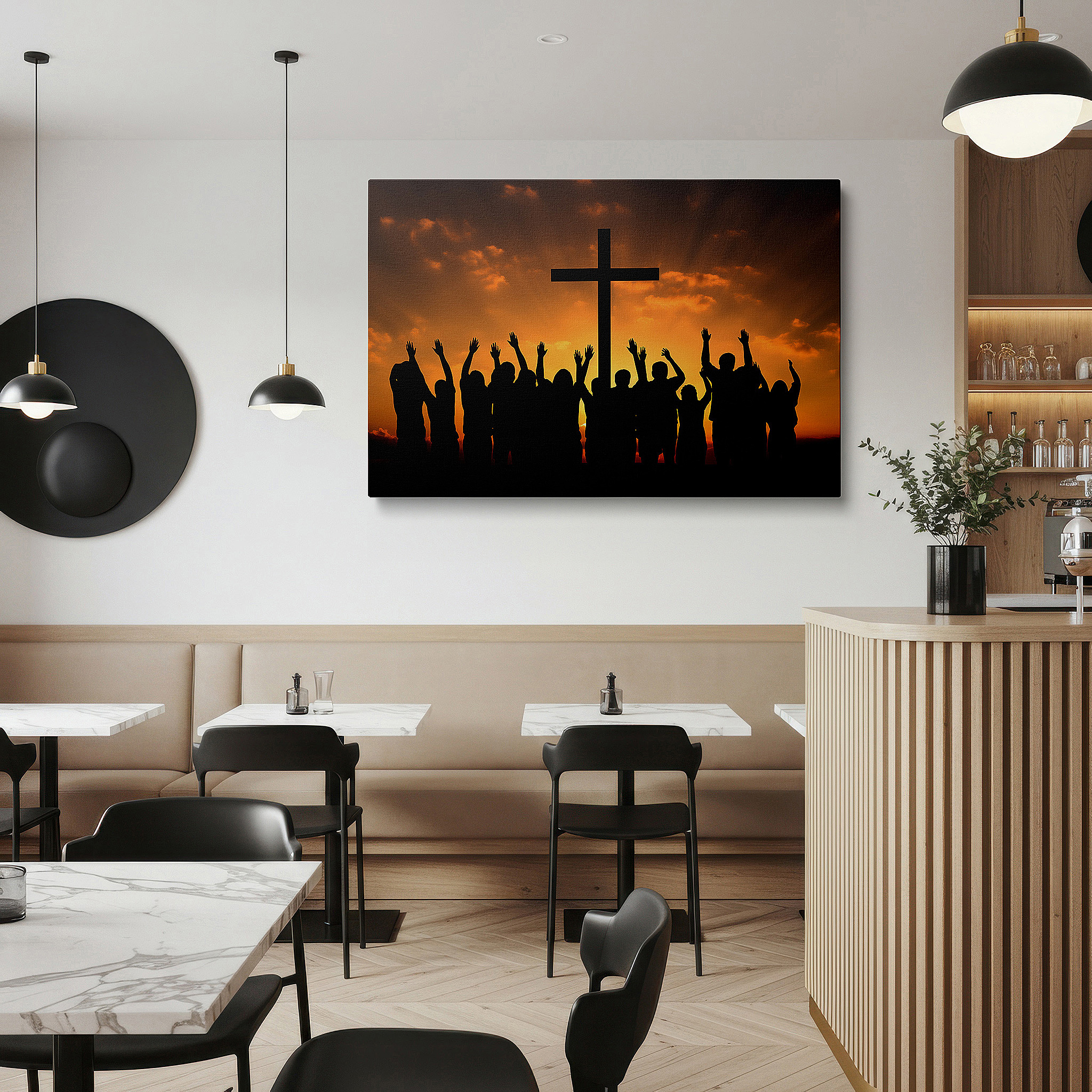 Available in 30×20 cm — a subtle addition to small personal spaces — wall art: "sunset of hope and unity" featuring silhouetted figures around a cross - large canvas wall art for office and bedroom decor