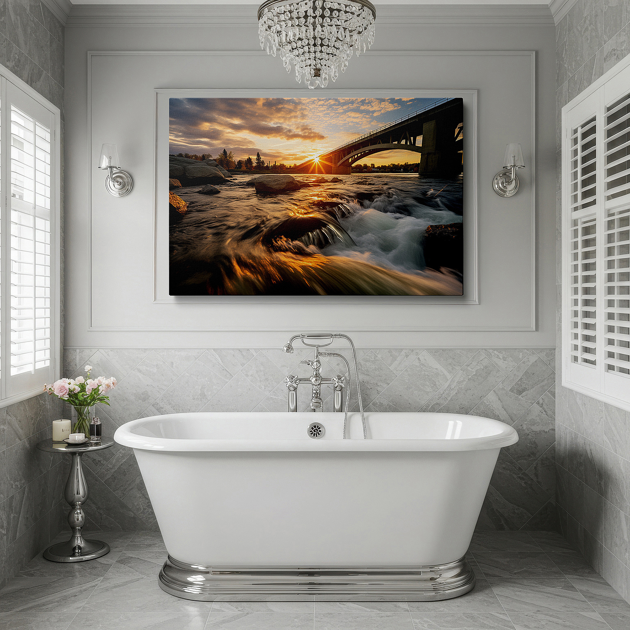 Available in 30×20 cm — a subtle addition to small personal spaces — wall art: sunset through bridge arches over river - a fusion of nature's beauty and architectural brilliance, large canvas wall art for office decor