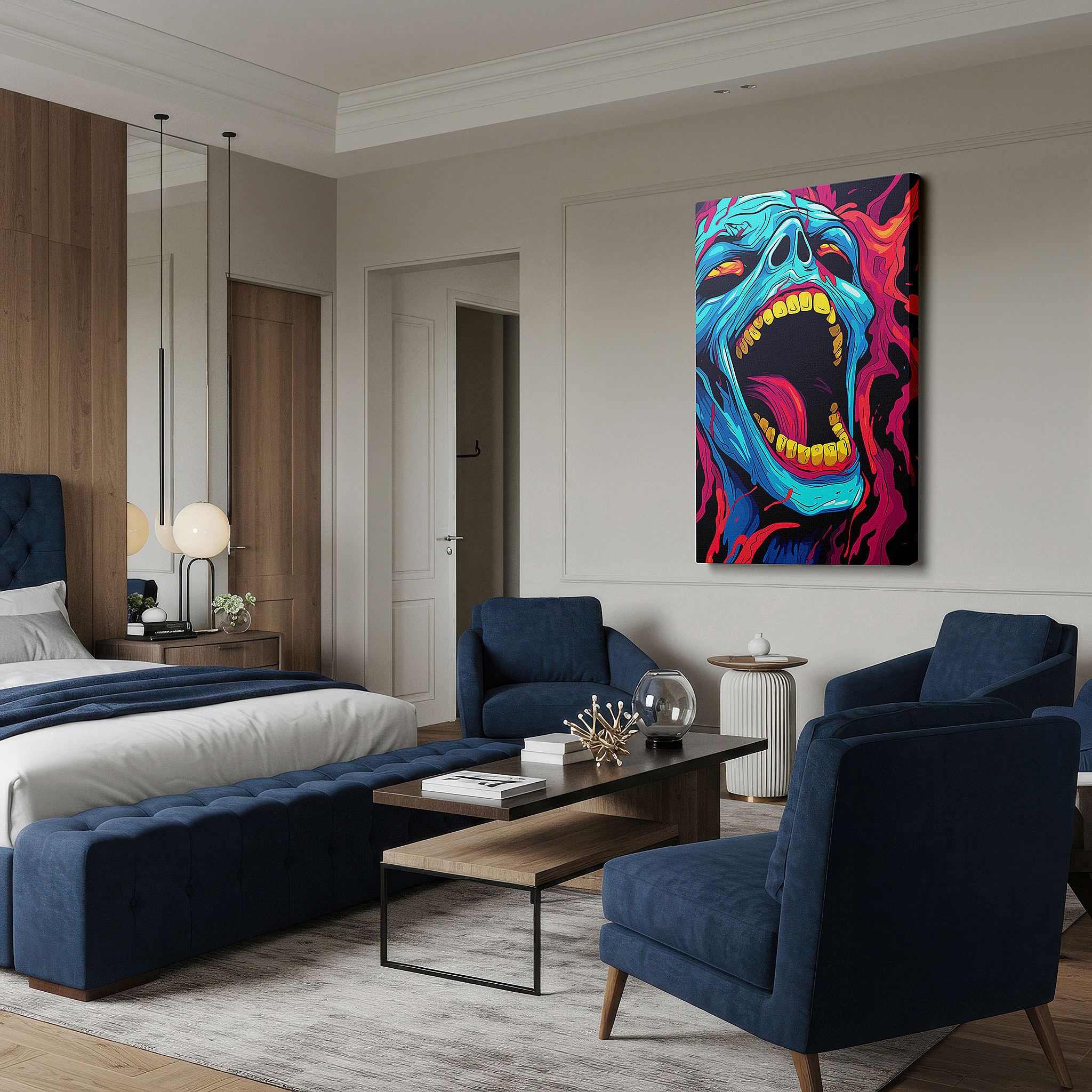 Available in 30×20 cm — a subtle addition to small personal spaces — wall decor: intense blue skull surrounded by flames - a profound reflection on life and feelings, large canvas art for home and office