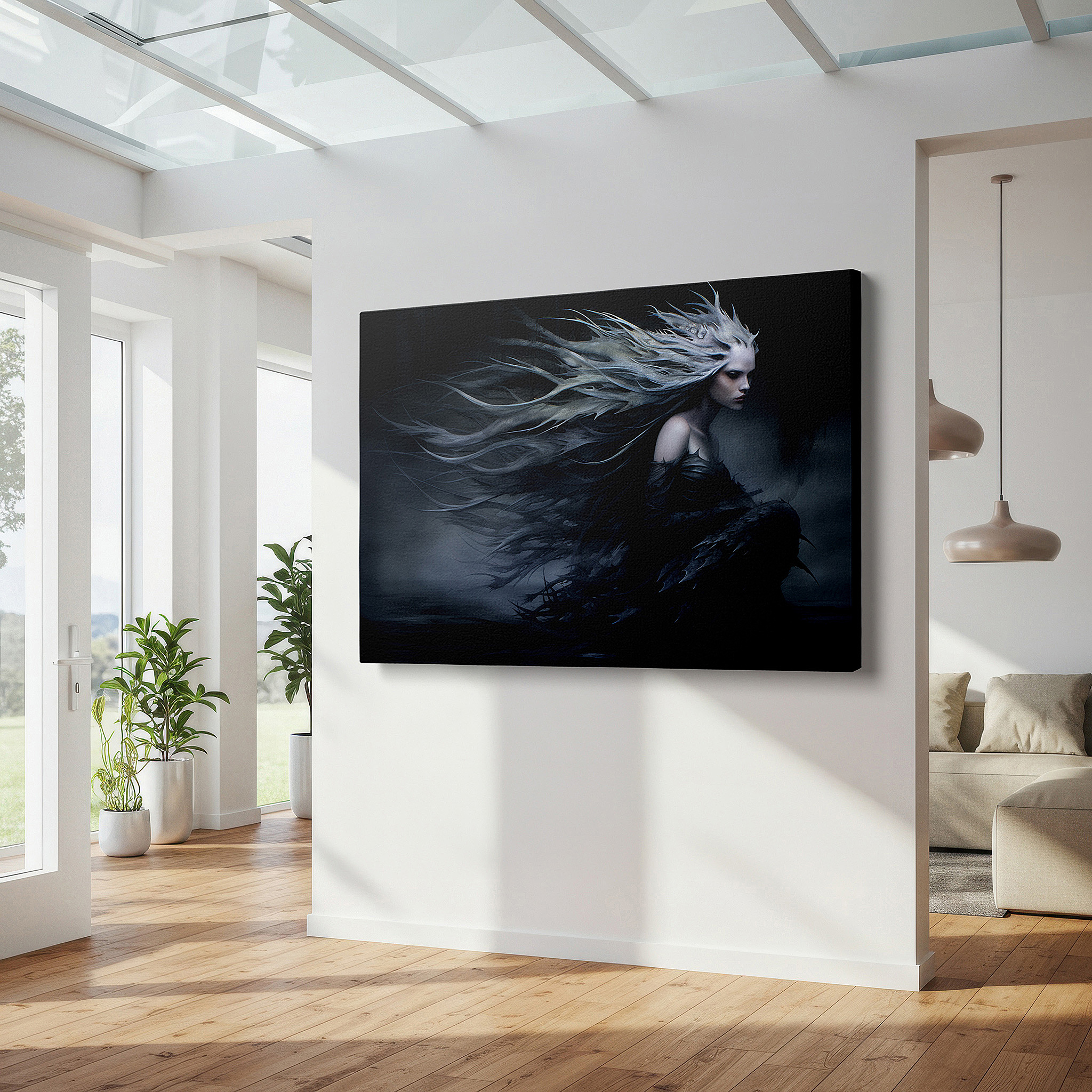 Available in 30×20 cm — a subtle addition to small personal spaces — wall decor: majestic female figure shrouded in swirling shadows, capturing emotional intensity and artistic grace - large canvas art for home and office decor
