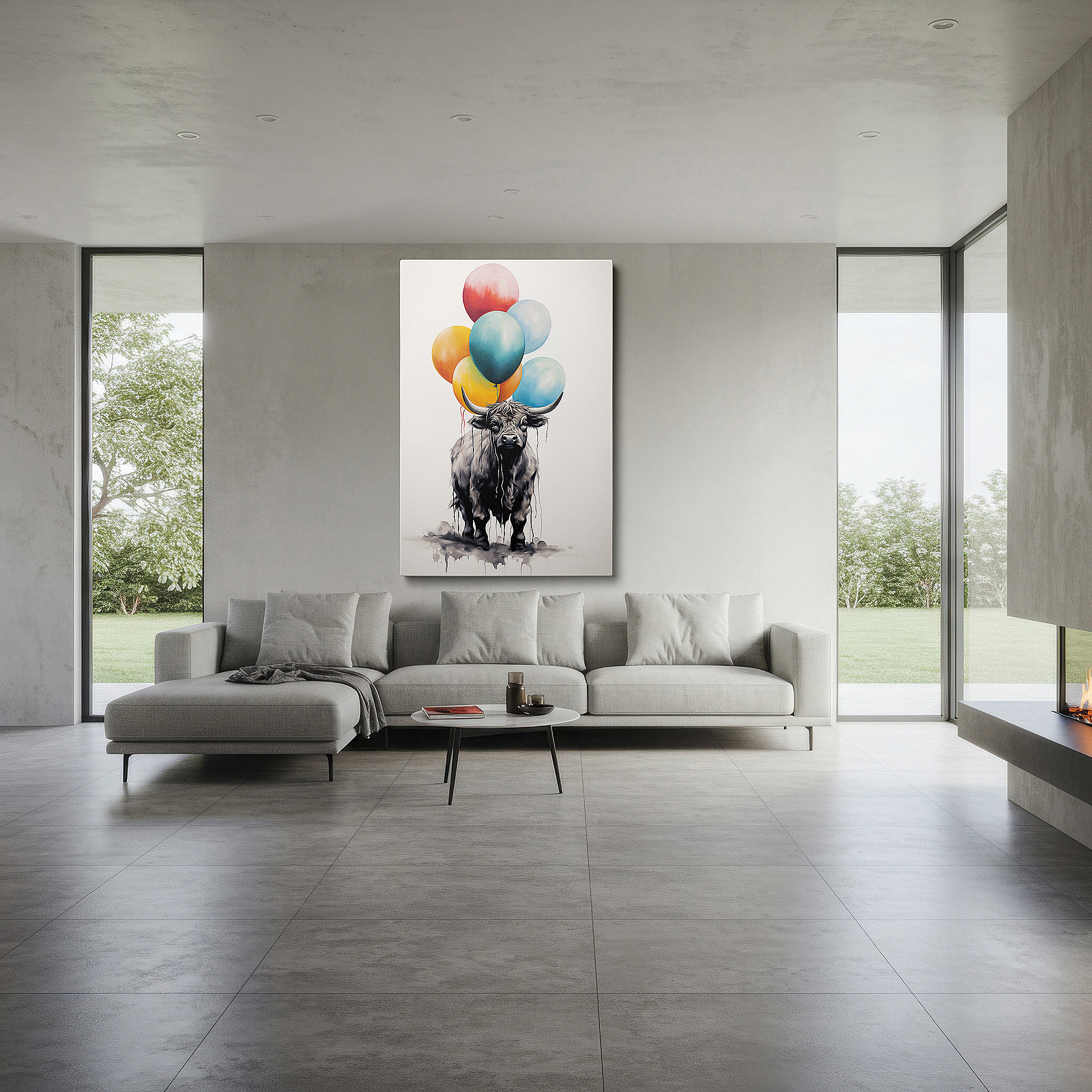 Available in 30×20 cm — a subtle addition to small personal spaces — wall decor: playful cow with vibrant balloons, a celebration of artistic imagination and whimsy, large canvas wall art for home decor