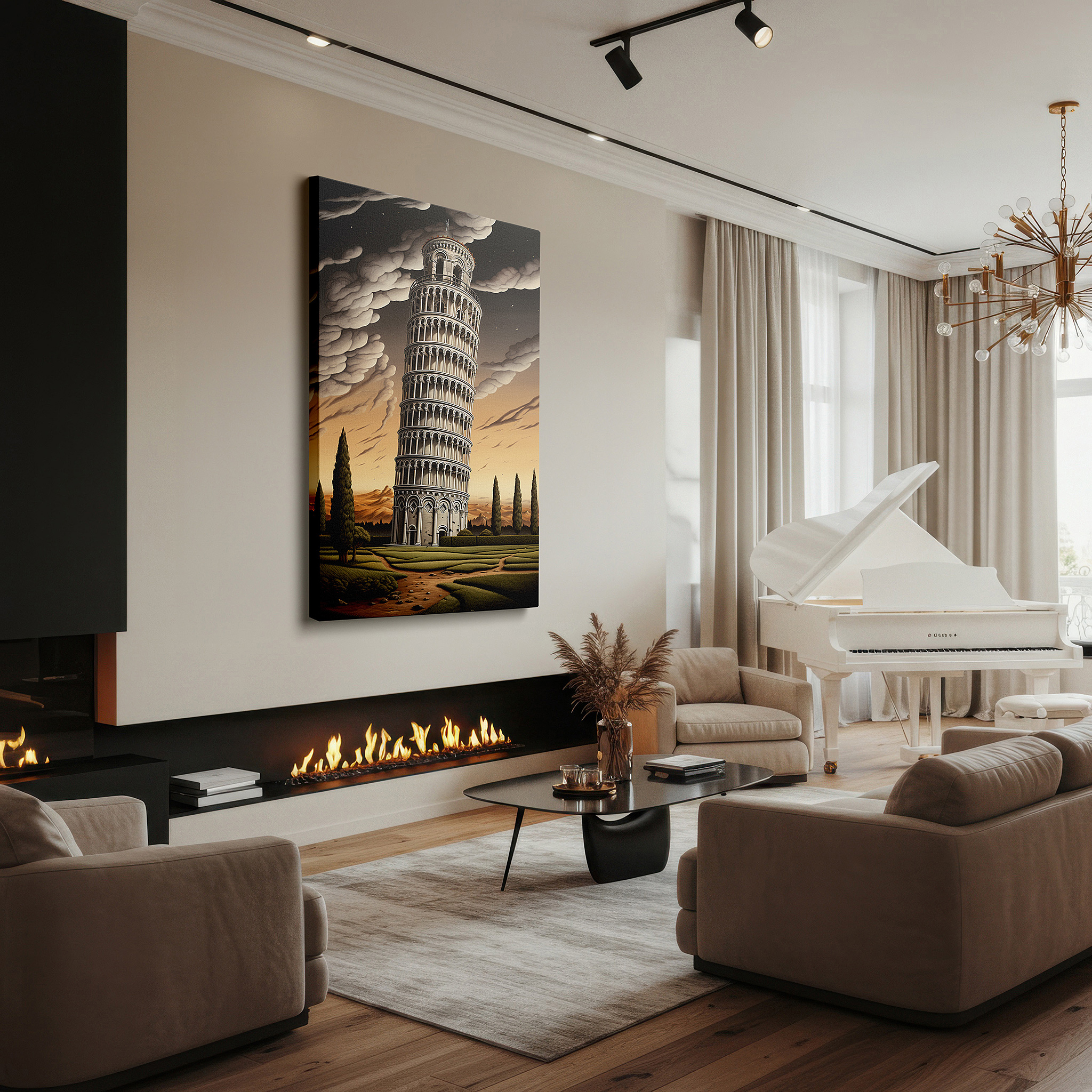 Available in 30×20 cm — a subtle addition to small personal spaces — whimsical leaning tower of pisa canvas wall art with dynamic sky for office, bedroom, and living room decor