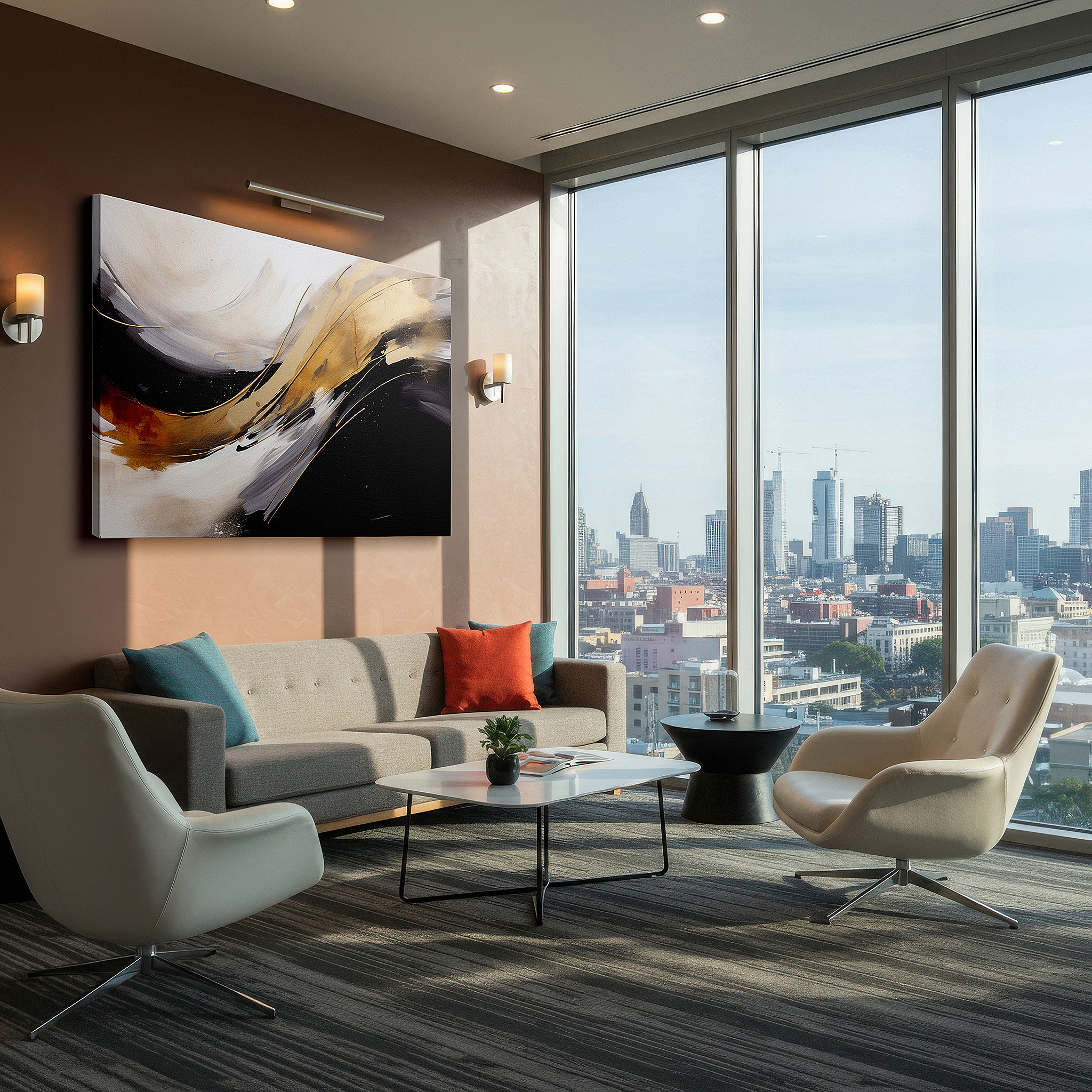 Back view reveals professional finishing and solid wood frame — abstract elegance: bold lines and monochrome palette with luxurious gold accents - large canvas wall art for office decor