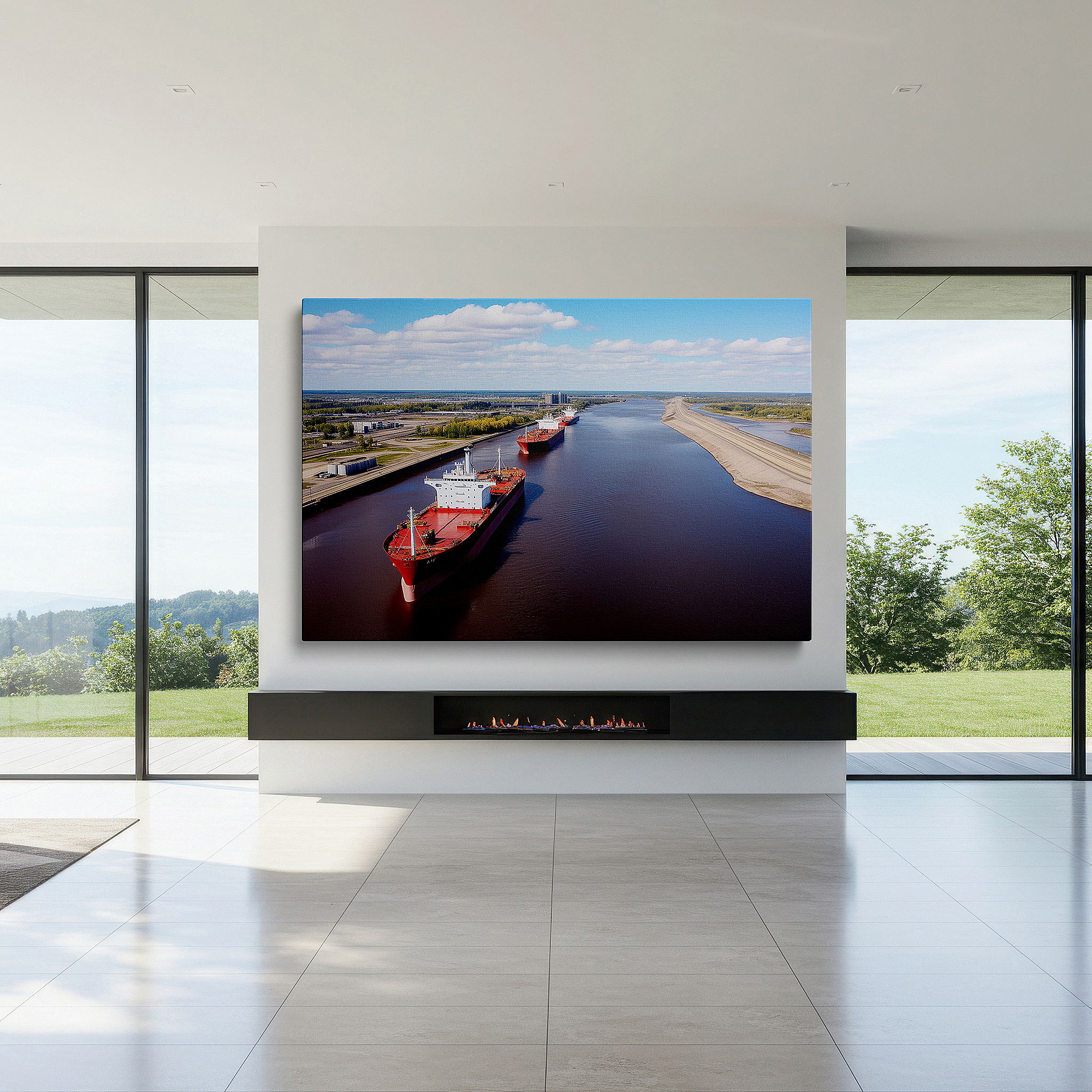Back view reveals professional finishing and solid wood frame — aerial river view: balancing commerce and tranquility - large canvas wall art for office, bedroom, and living room decor