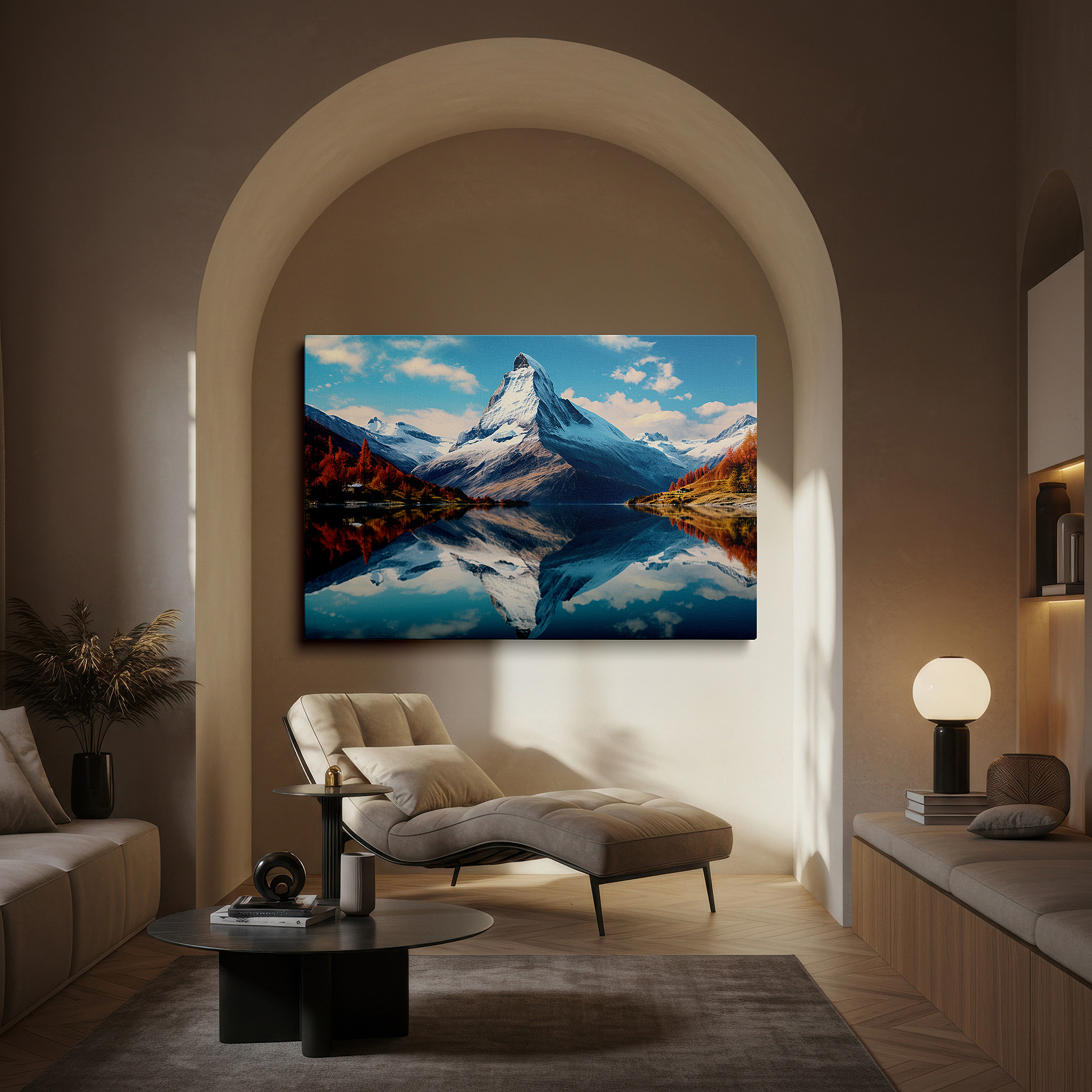 Back view reveals professional finishing and solid wood frame — autumn splendor at majestic mountain: tranquil lake reflection large wall art, canvas wall art, wall decor for office and bedroom