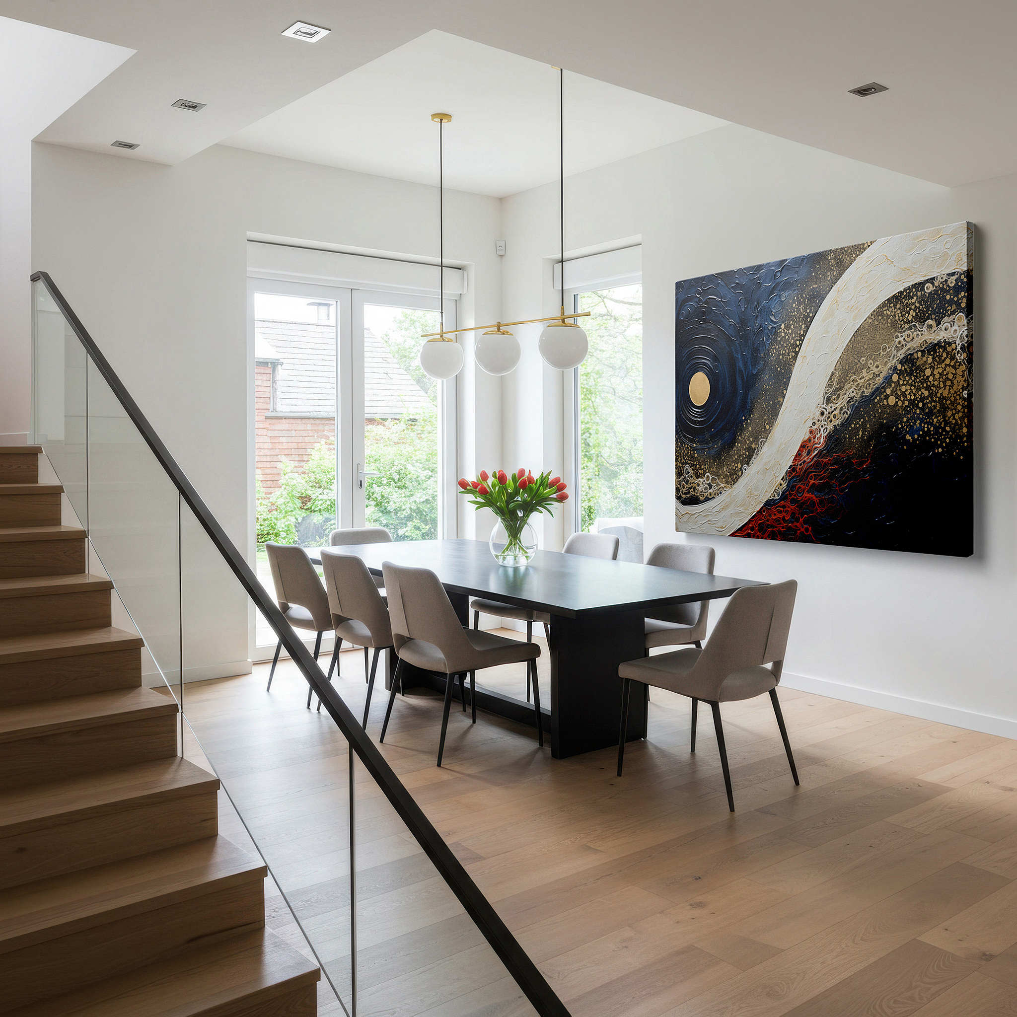 Back view reveals professional finishing and solid wood frame — blue, white, and gold elegance - abstract expression and natural harmony masterpiece large wall art, canvas wall art, wall art decor for office