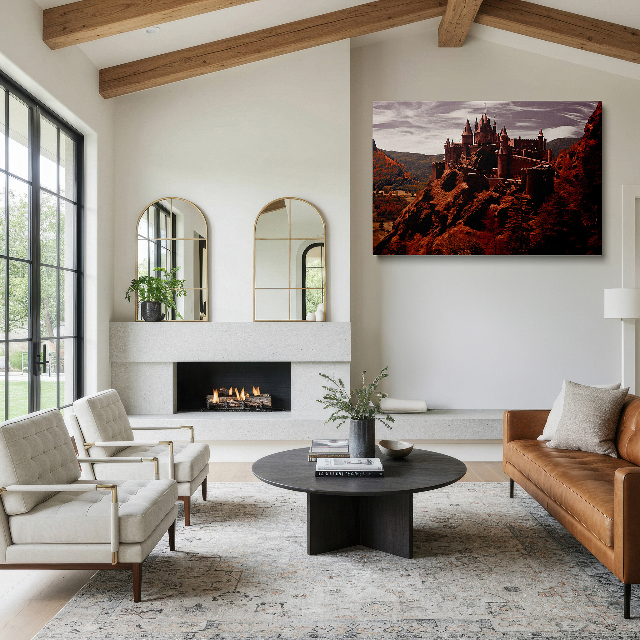 Back view reveals professional finishing and solid wood frame — cliff-top fortress - celebrating ancient craftsmanship and the splendor of nature, large canvas wall art for office decor