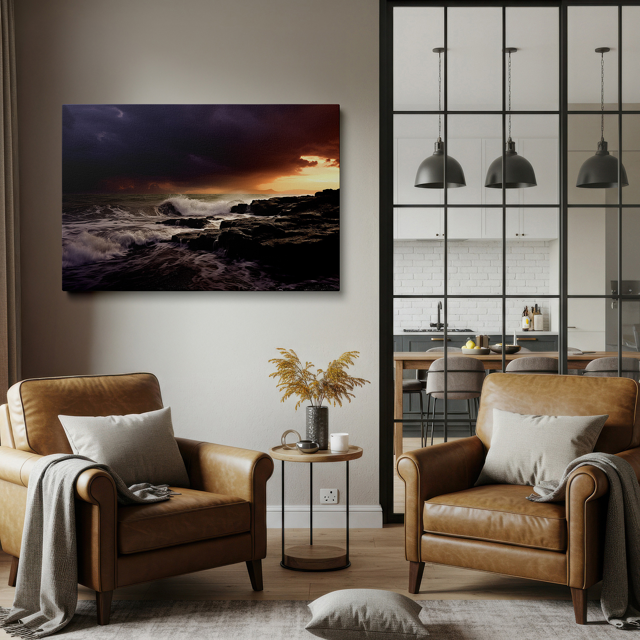 Back view reveals professional finishing and solid wood frame — dramatic seascape wall art: embodying nature's wild spirit and immense power - ideal for office and bedroom decor