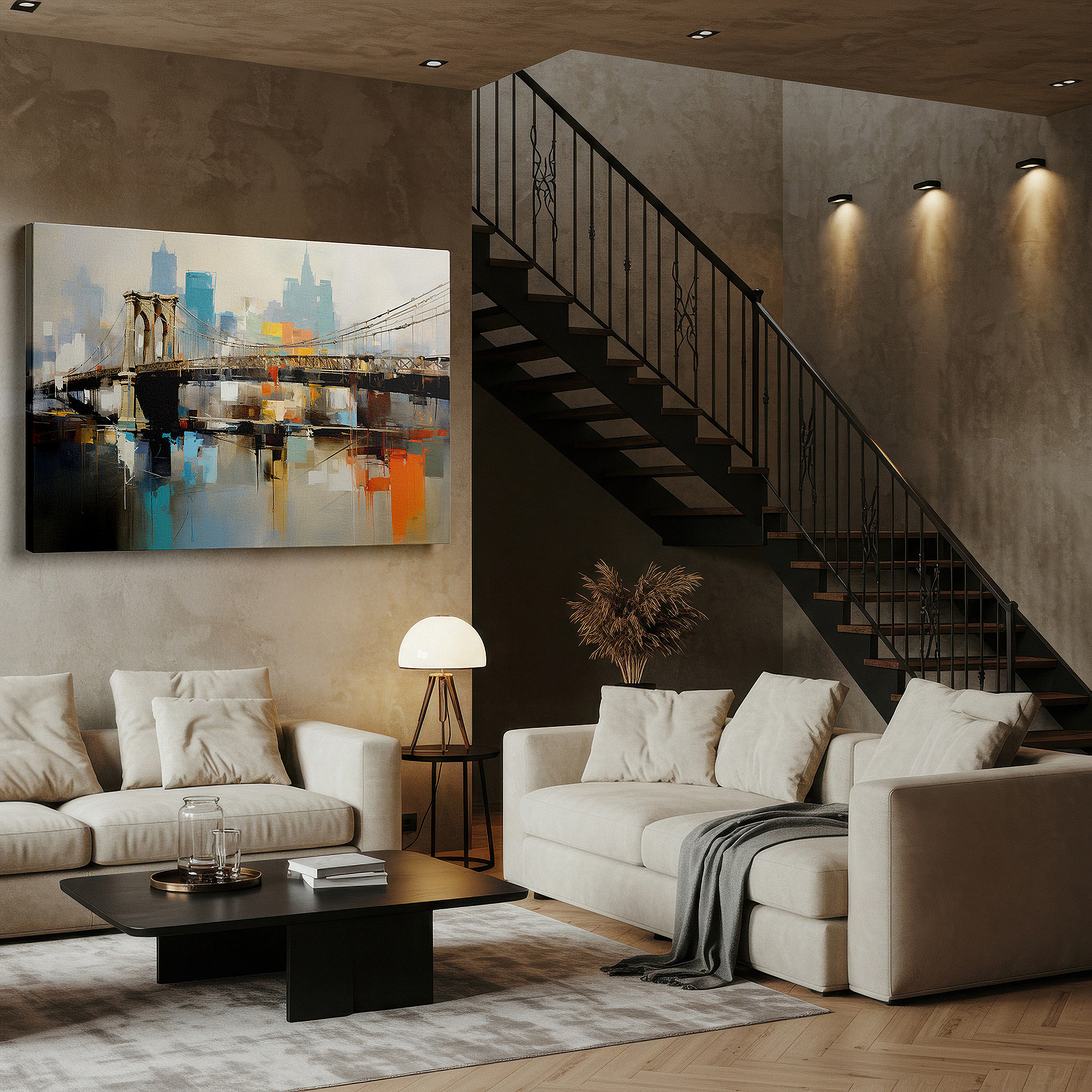 Back view reveals professional finishing and solid wood frame — dynamic abstract cityscape with vibrant bridge reflections, large canvas wall art for office and bedroom decor