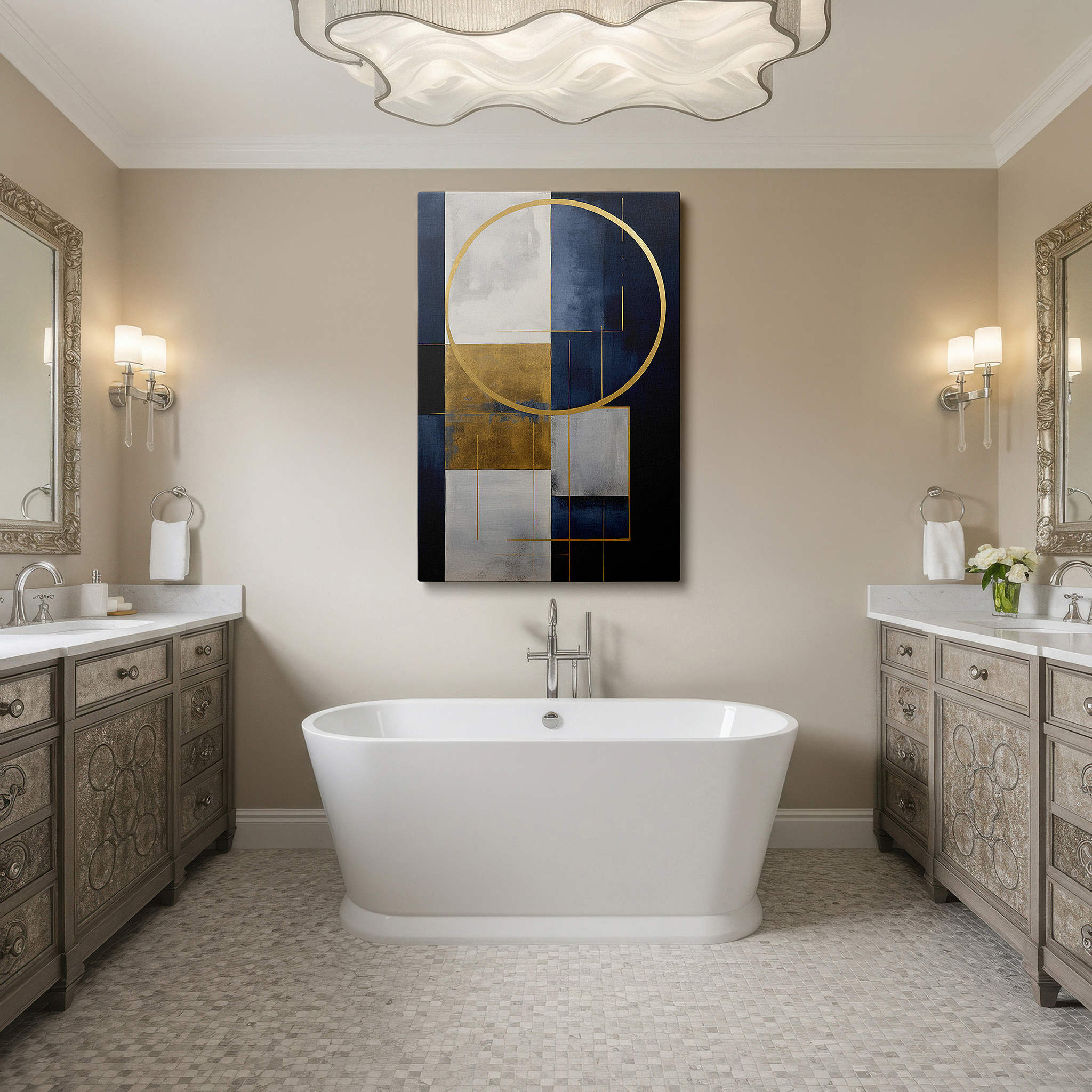 Back view reveals professional finishing and solid wood frame — elegant gold and navy geometric patterns on a textured gradient background for a dynamic and sophisticated visual impact large wall art, canvas wall