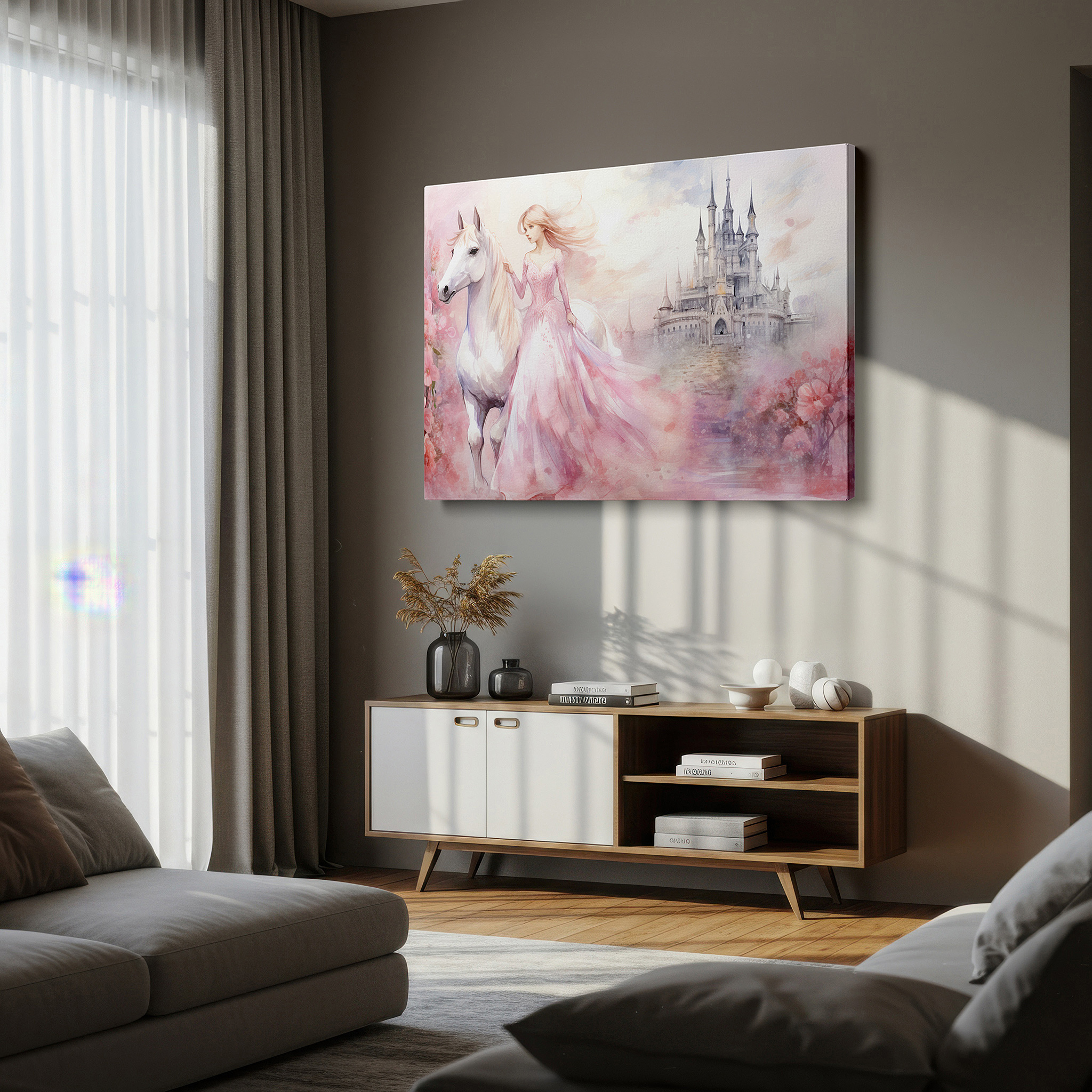 Back view reveals professional finishing and solid wood frame — enchanted princess and white horse at a fairy tale castle with blossoms, large canvas wall art for office and bedroom decor