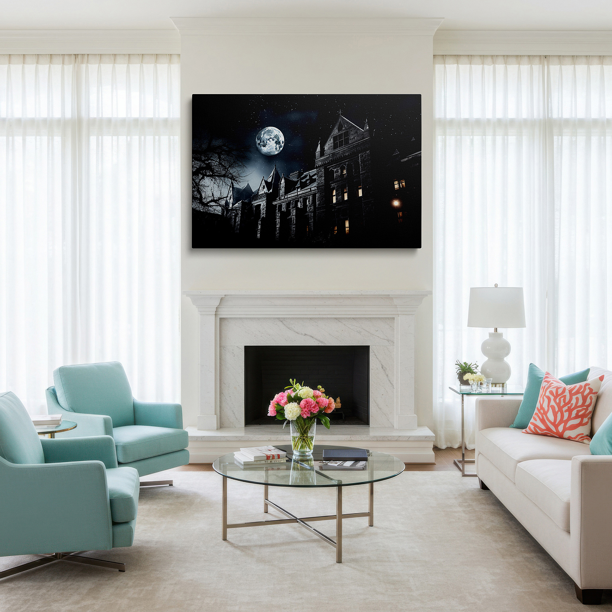 Back view reveals professional finishing and solid wood frame — ethereal moonlit mansion: mysterious and inviting large wall art, canvas decor for home and office