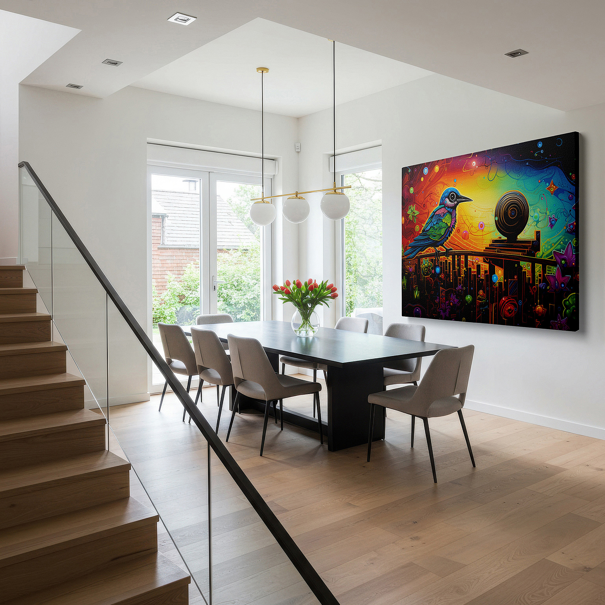 Back view reveals professional finishing and solid wood frame — fantasy meets reality: vivid bird centerpiece with abstract natural elements, large canvas wall art for home and office decor