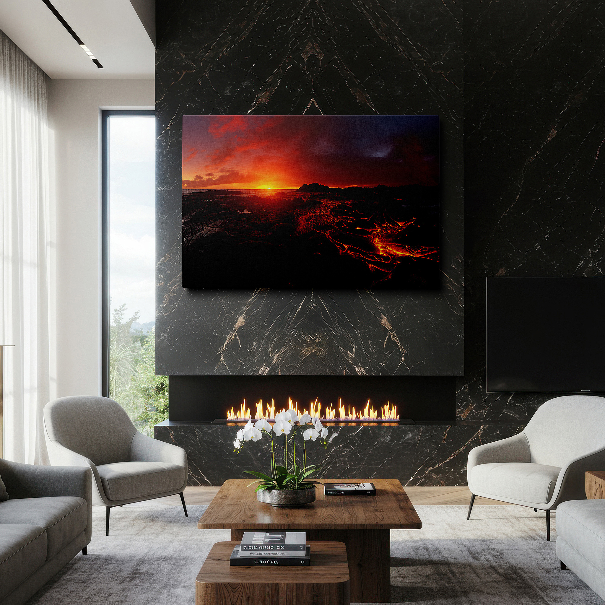 Back view reveals professional finishing and solid wood frame — fiery eruption and serene ocean at sunset: a vivid dance of creation and destruction - large wall art, canvas wall art, wall decor for office