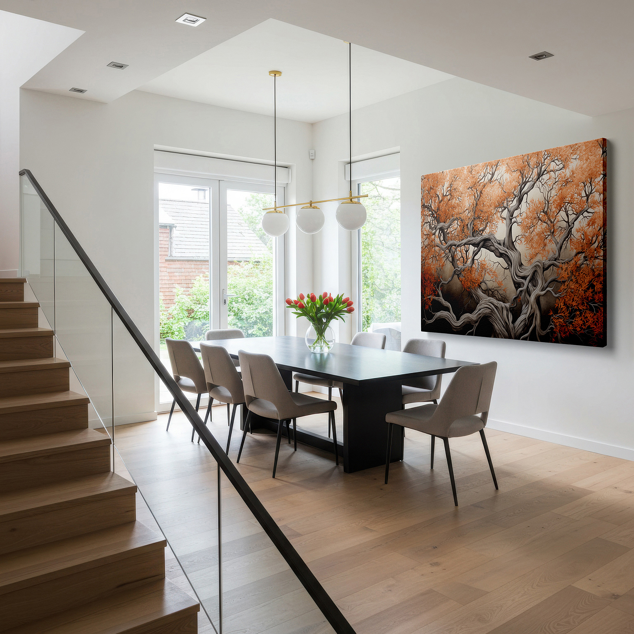 Back view reveals professional finishing and solid wood frame — fiery orange autumn tree with gnarled branches large canvas wall art, dramatic dark backdrop wall decor