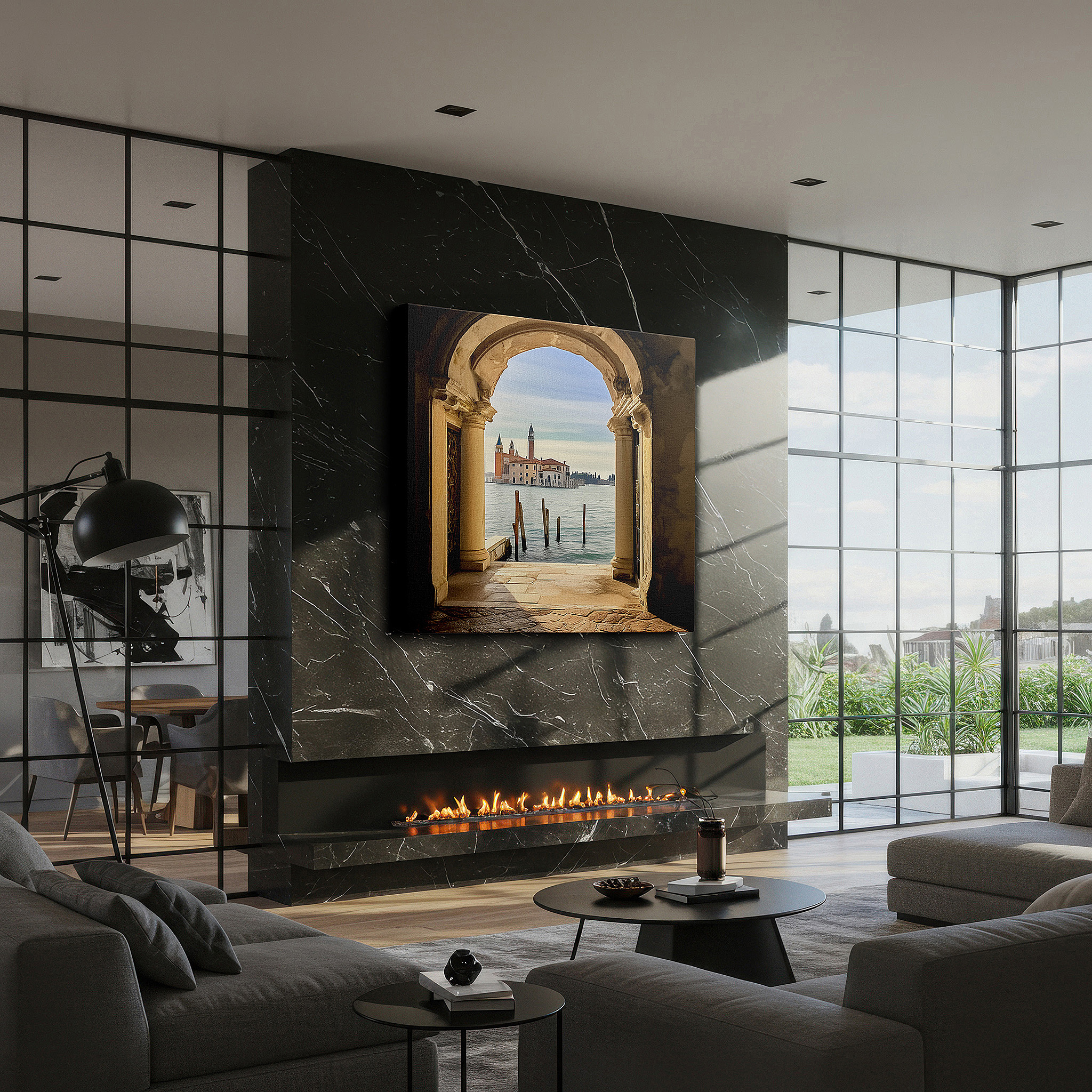 Back view reveals professional finishing and solid wood frame — gateway to time: arched historical architecture and tranquil waters - large canvas wall art for office and bedroom decor