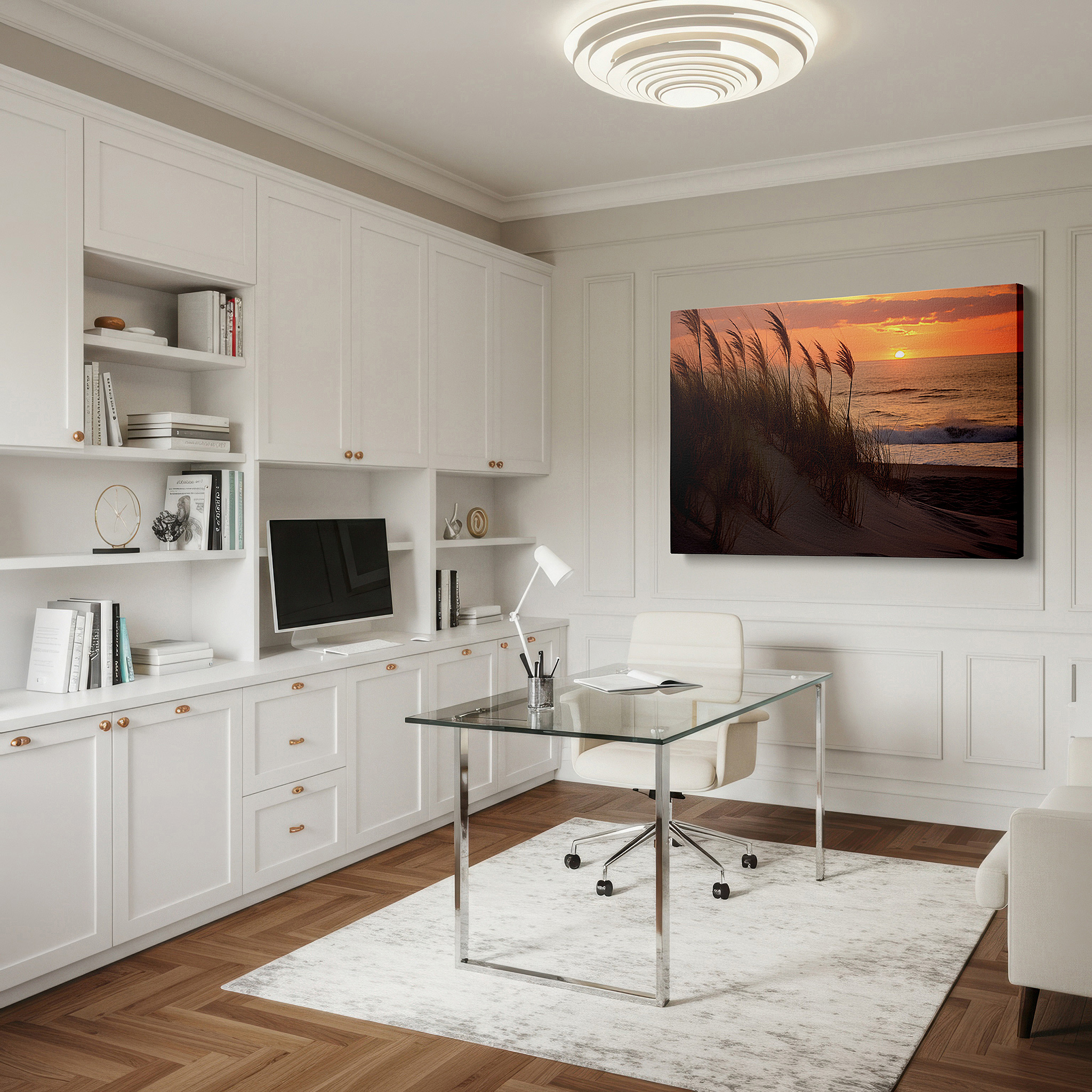 Back view reveals professional finishing and solid wood frame — golden sunset above sandy dunes featuring swaying grass and calming sea waves - large canvas wall art for office and bedroom decor