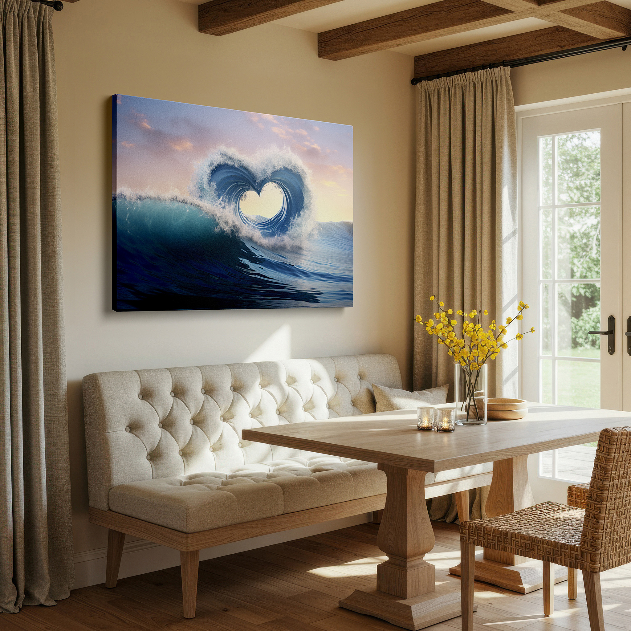 Back view reveals professional finishing and solid wood frame — "heart of the ocean" - serene seascape featuring a heart-shaped wave at dawn, large canvas wall art for home and office decor