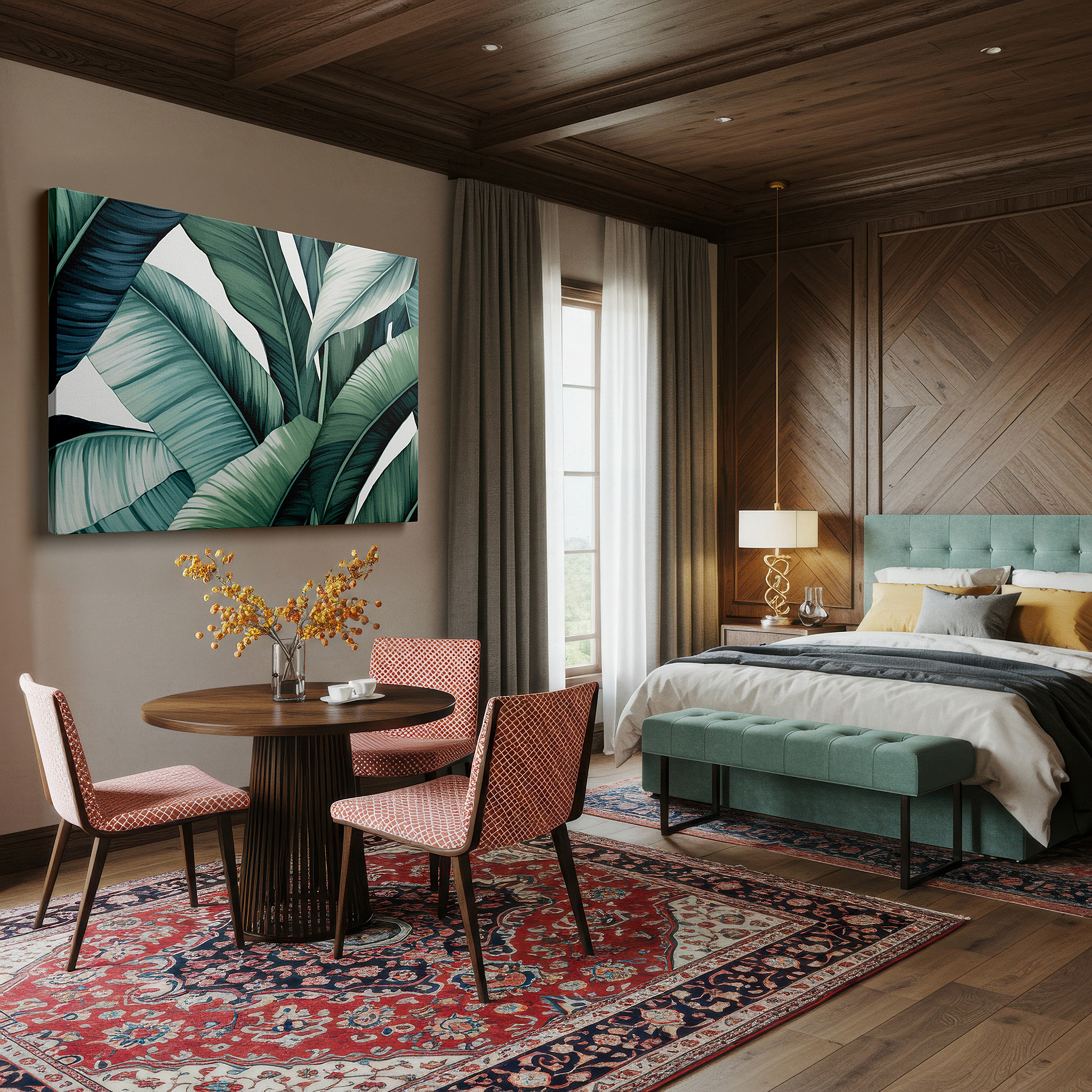 Back view reveals professional finishing and solid wood frame — lush tropical foliage featuring vibrant greens: a peaceful entrance to nature's serenity - large wall art, canvas wall art, wall decor for offices