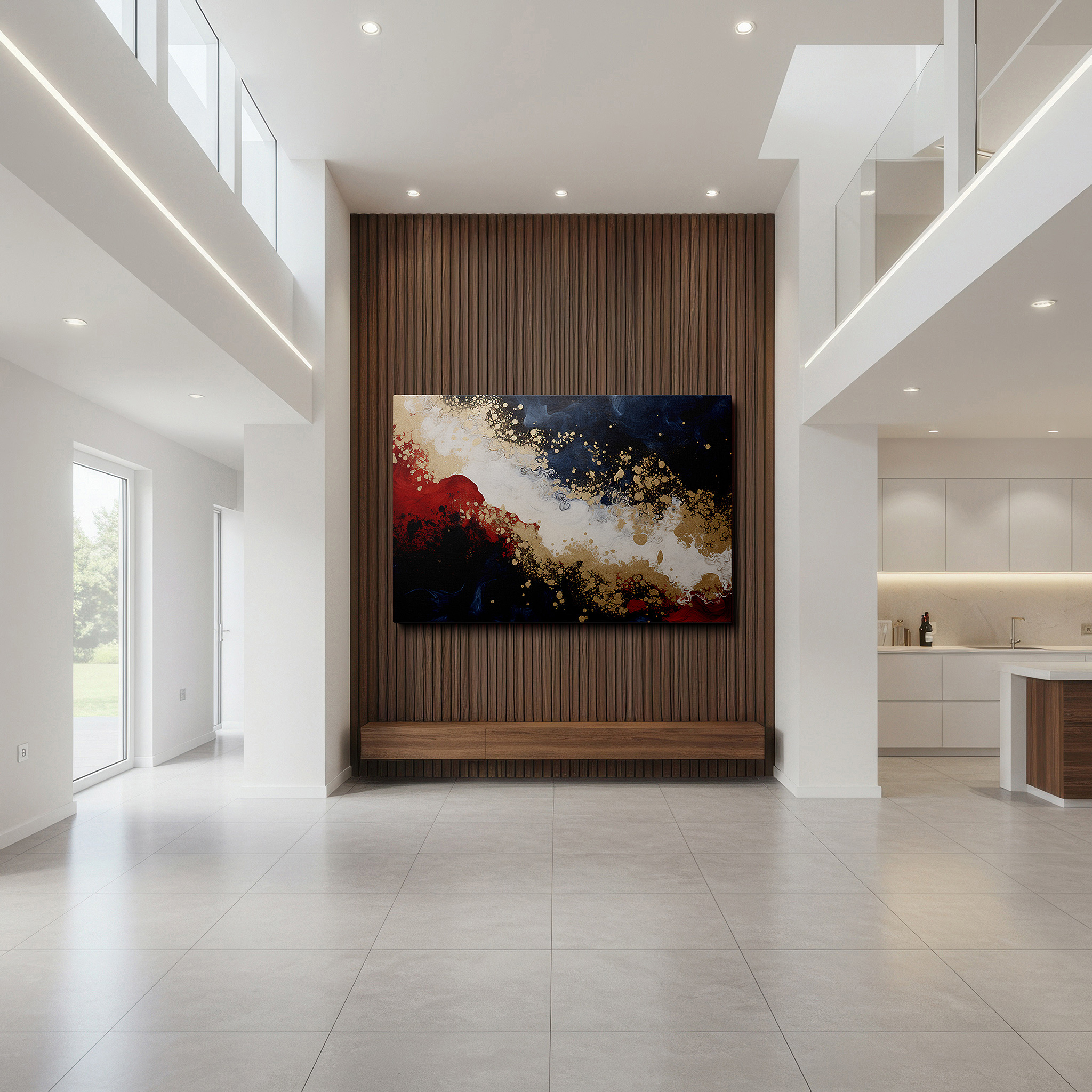 Back view reveals professional finishing and solid wood frame — luxurious gold, mysterious deep blue, and vibrant red abstract canvas: inspiring and illuminating large wall art, canvas wall decor