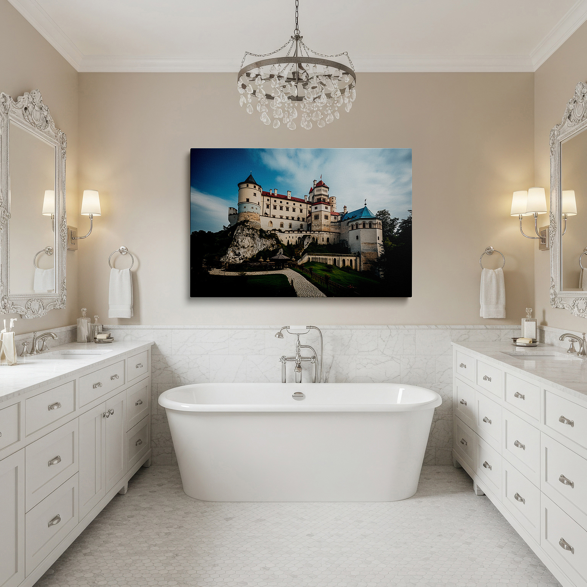 Back view reveals professional finishing and solid wood frame — majestic castle on a cliff surrounded by lush greenery under a bright sky - large canvas wall art for home and office decor