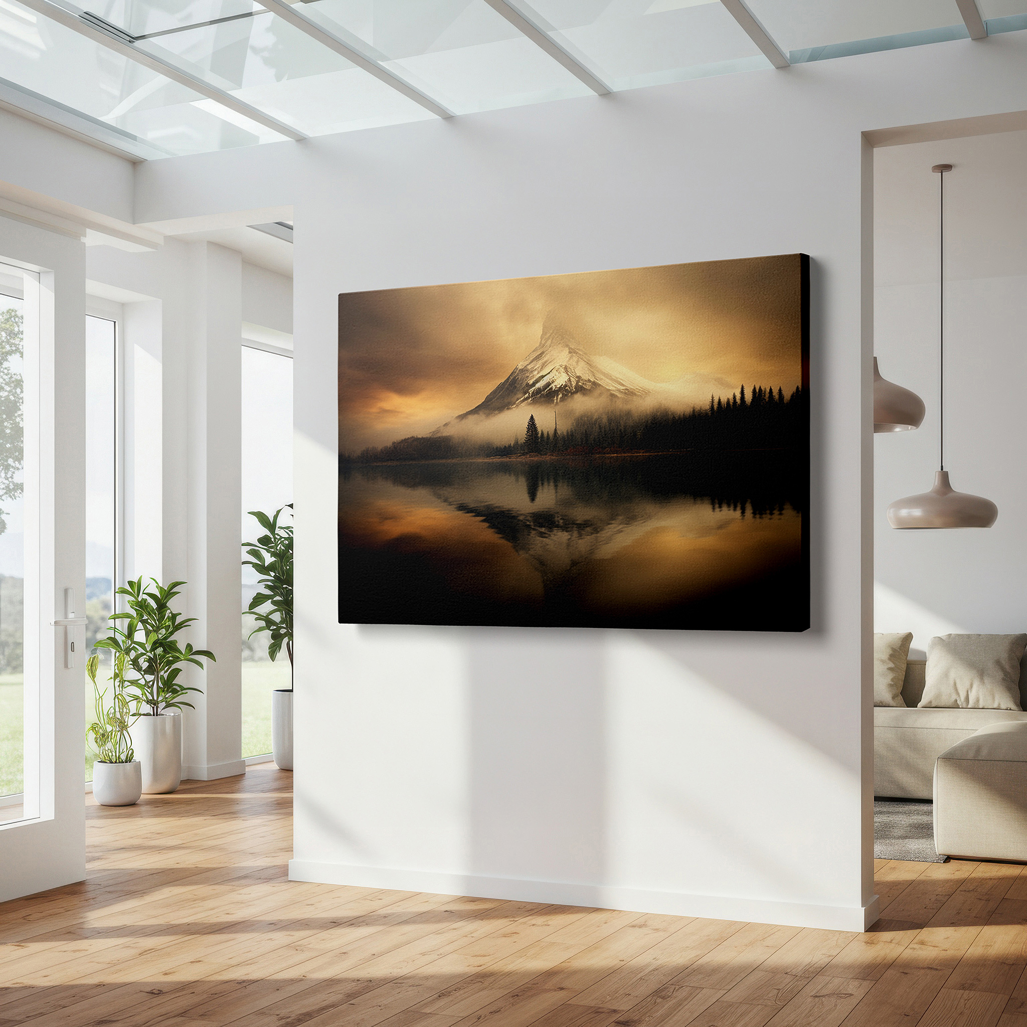 Back view reveals professional finishing and solid wood frame — misty dawn light on majestic mountain peak reflects timeless tranquility - large canvas wall art for home and office decor