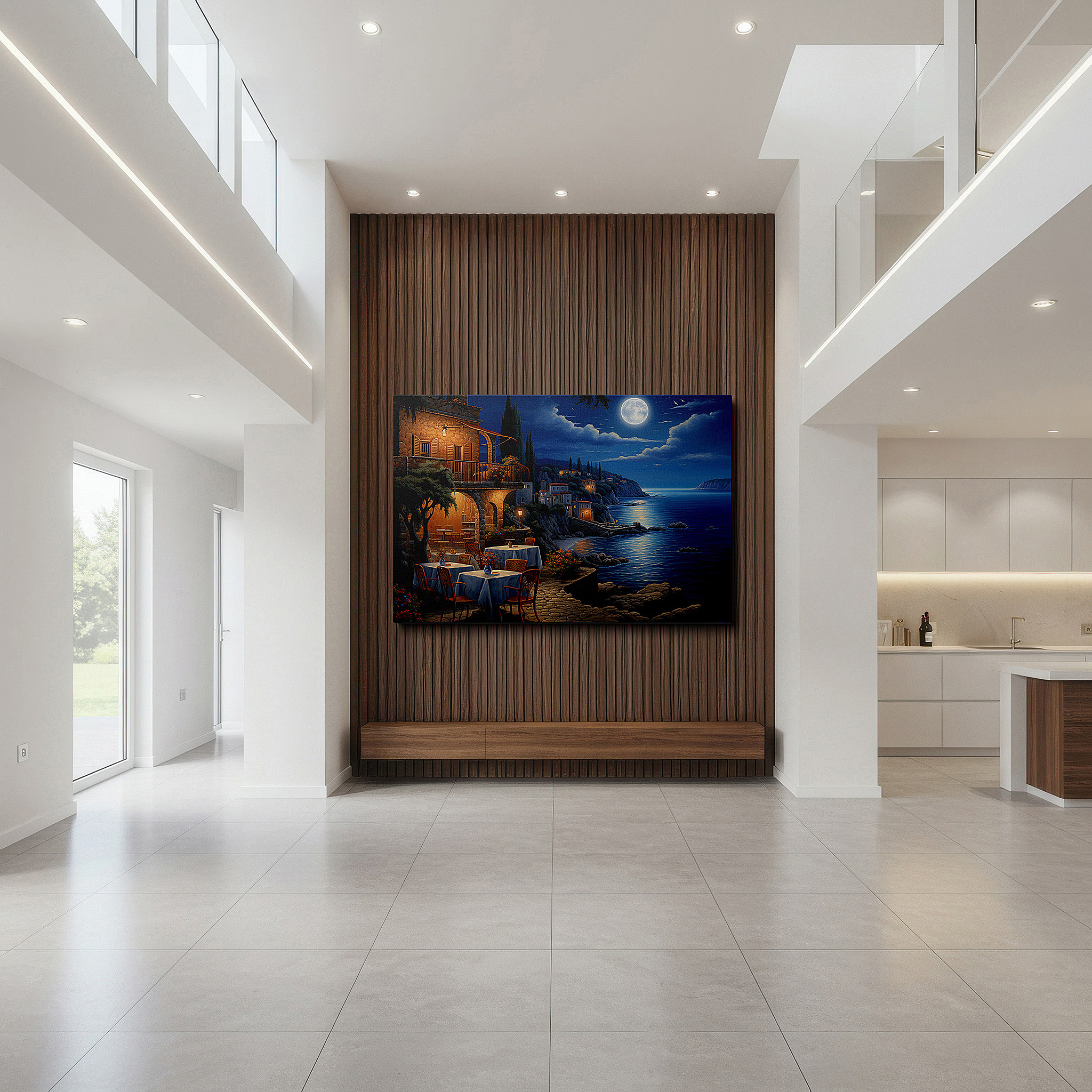 Back view reveals professional finishing and solid wood frame — moonlit coastal dining under a bright moon - serene seaside escape large wall art, canvas wall art, wall decor for office and bedroom