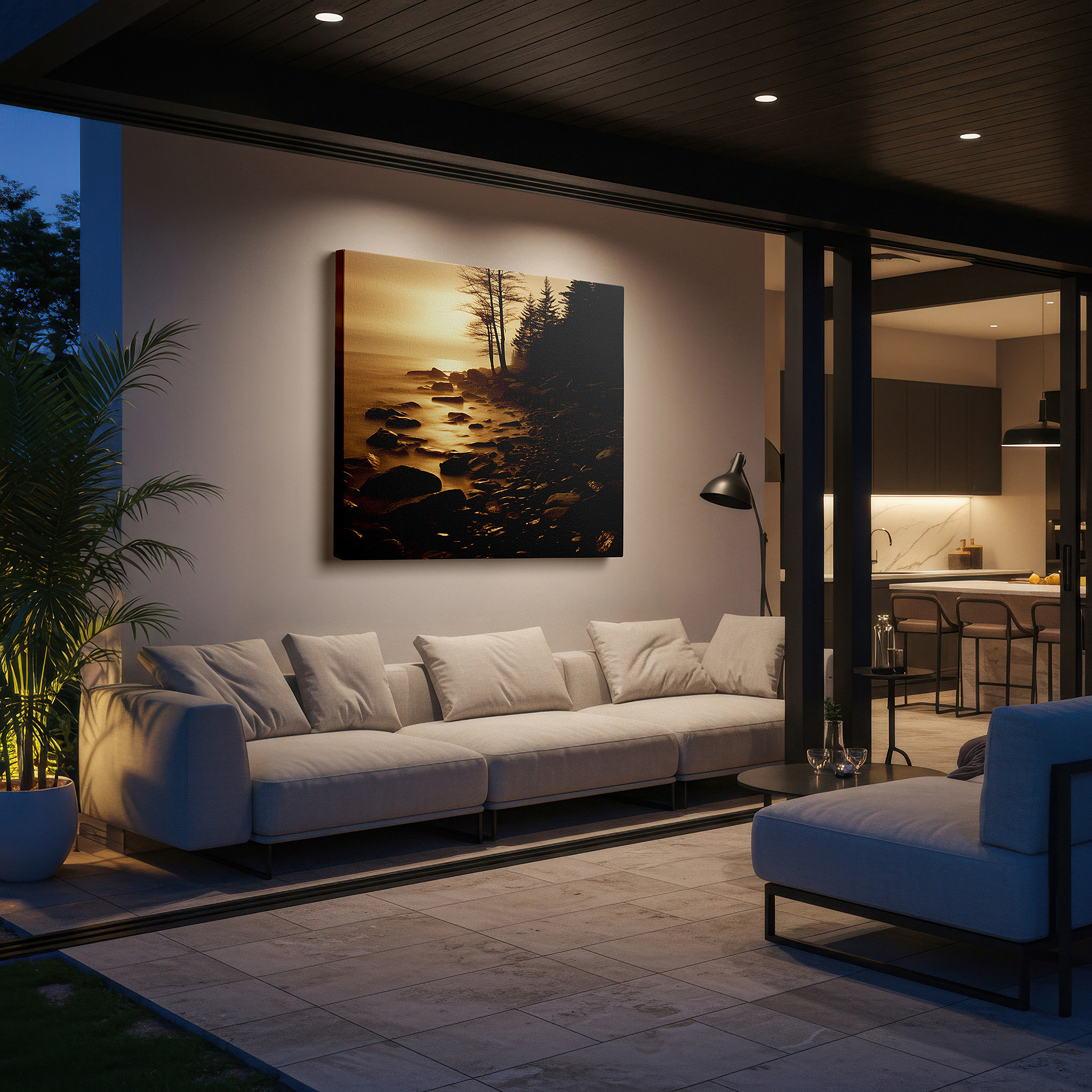Back view reveals professional finishing and solid wood frame — mystical shoreline at dusk: tranquil light and shadow interplay - large wall art, canvas, decor for office and bedroom