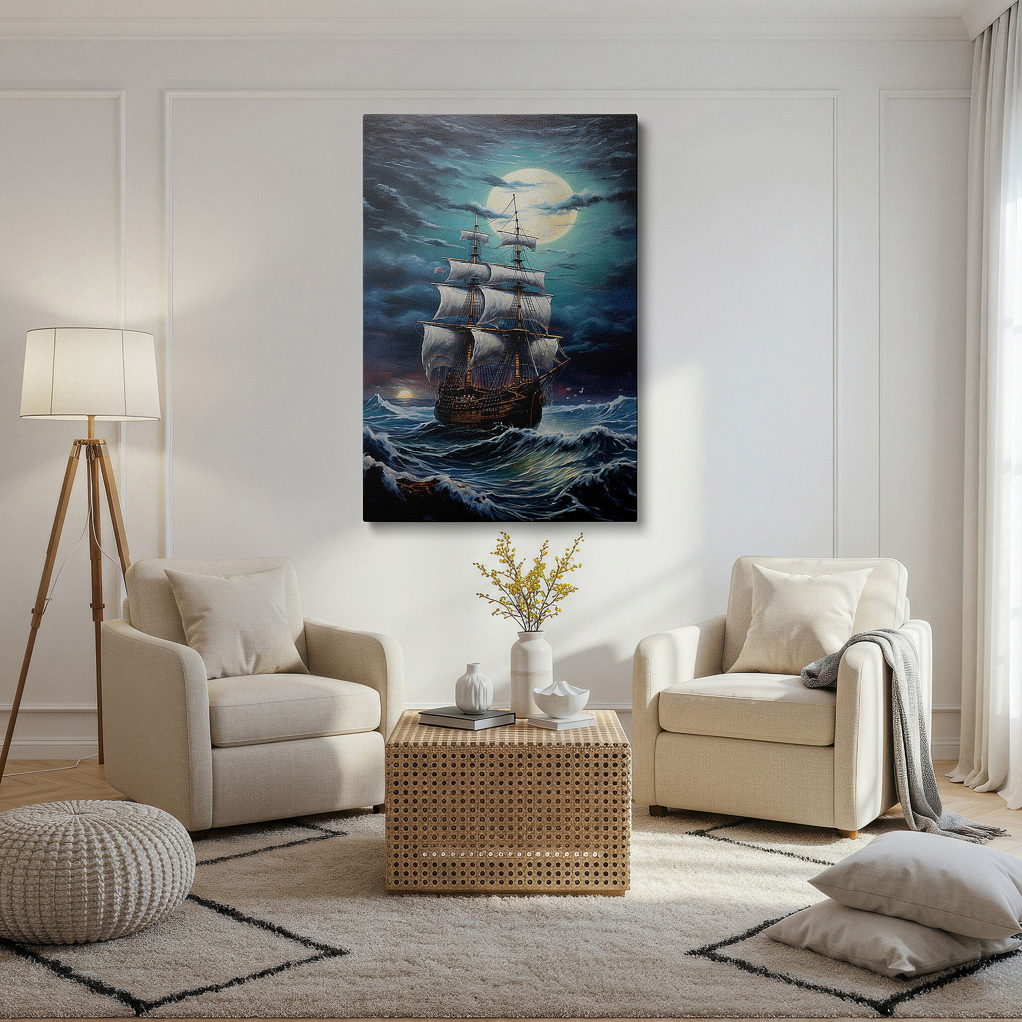 Back view reveals professional finishing and solid wood frame — navigating stormy seas under a radiant moon - a vision of nautical resilience and mystical light: large canvas wall art for office decor