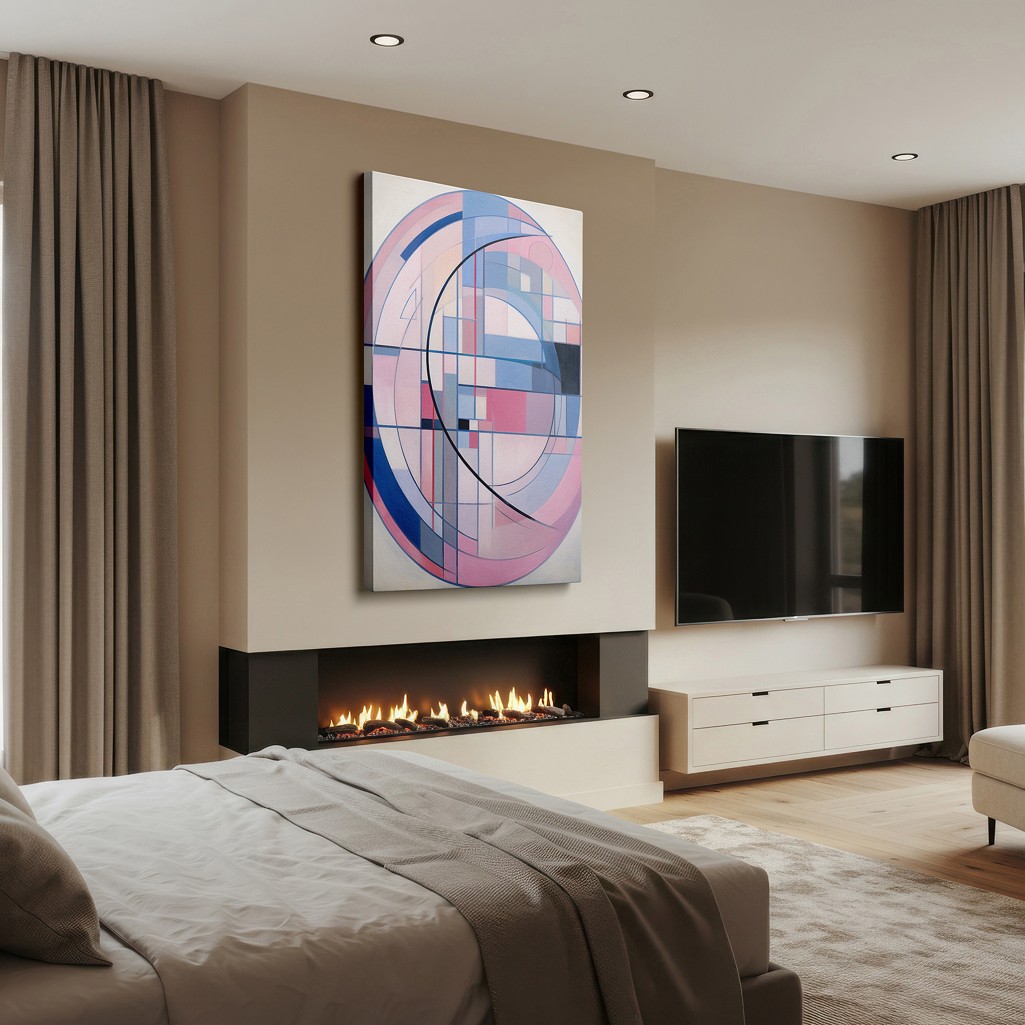 Back view reveals professional finishing and solid wood frame — pastel hues and fluid lines: serene geometric dance large canvas wall art for office, bedroom, and living room decor