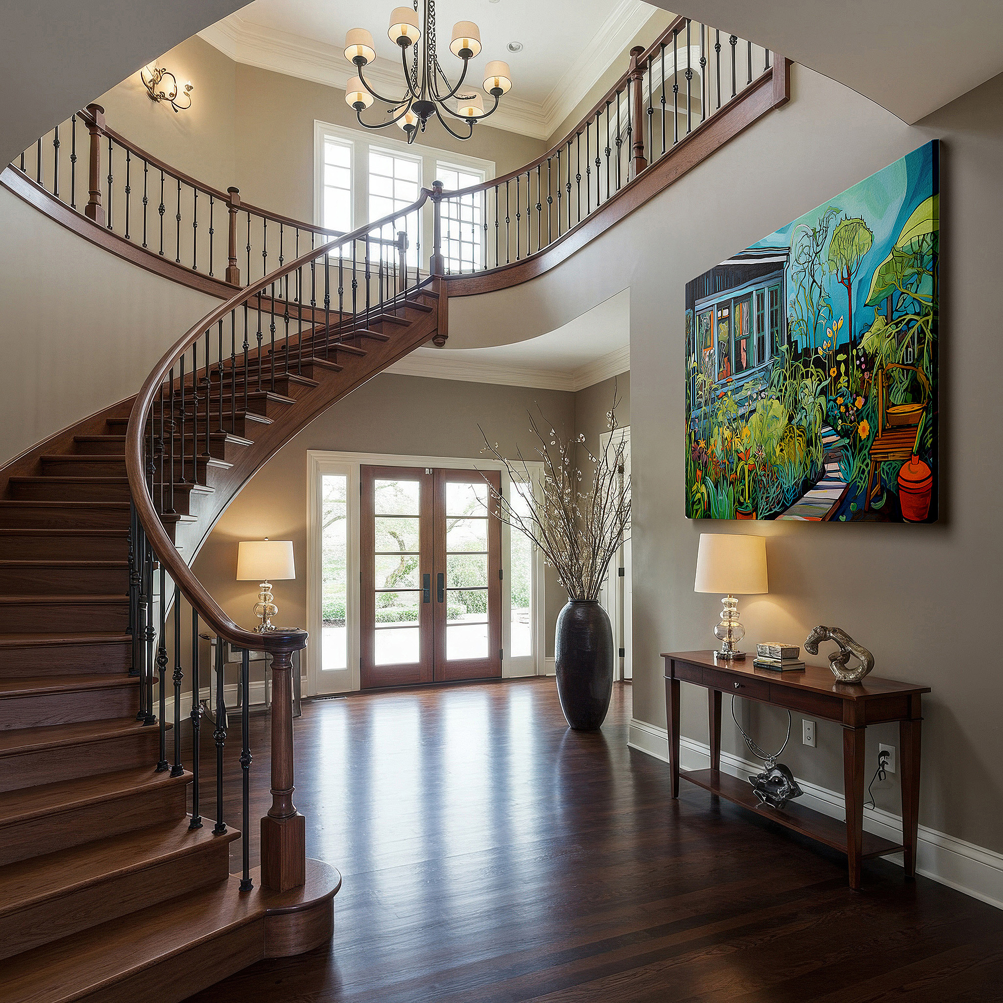 Back view reveals professional finishing and solid wood frame — peaceful blue house surrounded by lively garden flowers exudes calm and security large wall art, canvas wall art, wall decor, office wall art