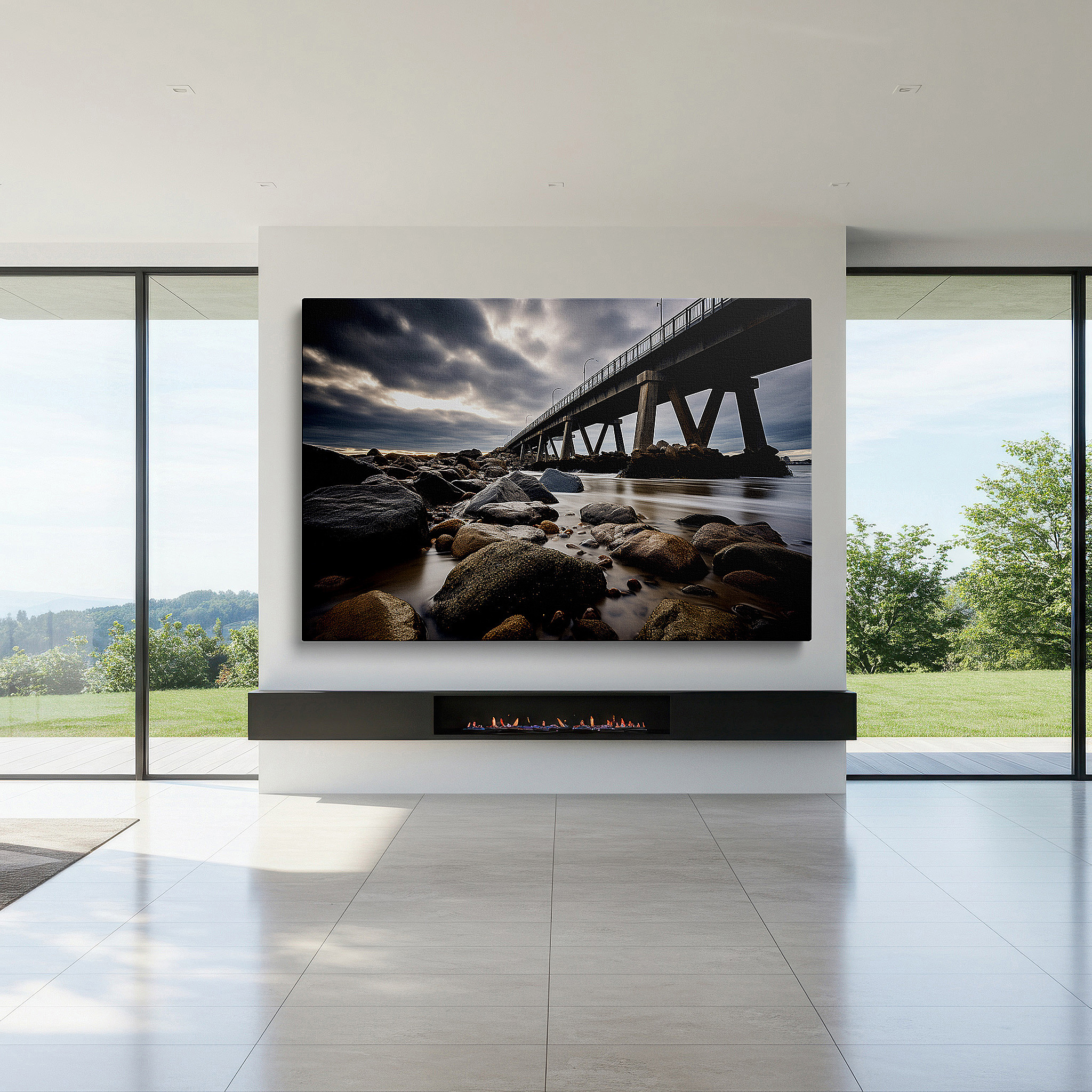 Back view reveals professional finishing and solid wood frame — rocky shoreline and brooding sky: a serene dance of water and stone - large canvas wall art for office and bedroom decor