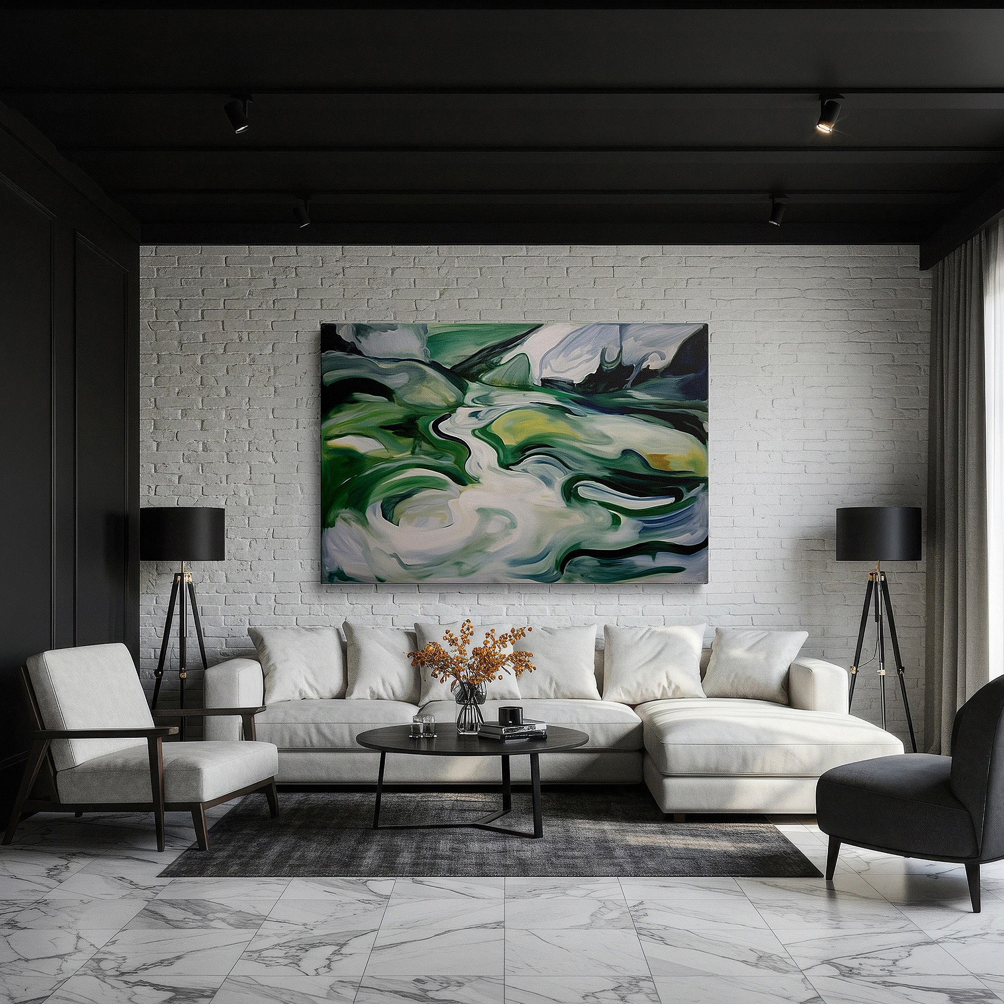 Back view reveals professional finishing and solid wood frame — serene green landscape and meandering river abstract large wall art, canvas wall art, wall decor for office, bedroom, and living room
