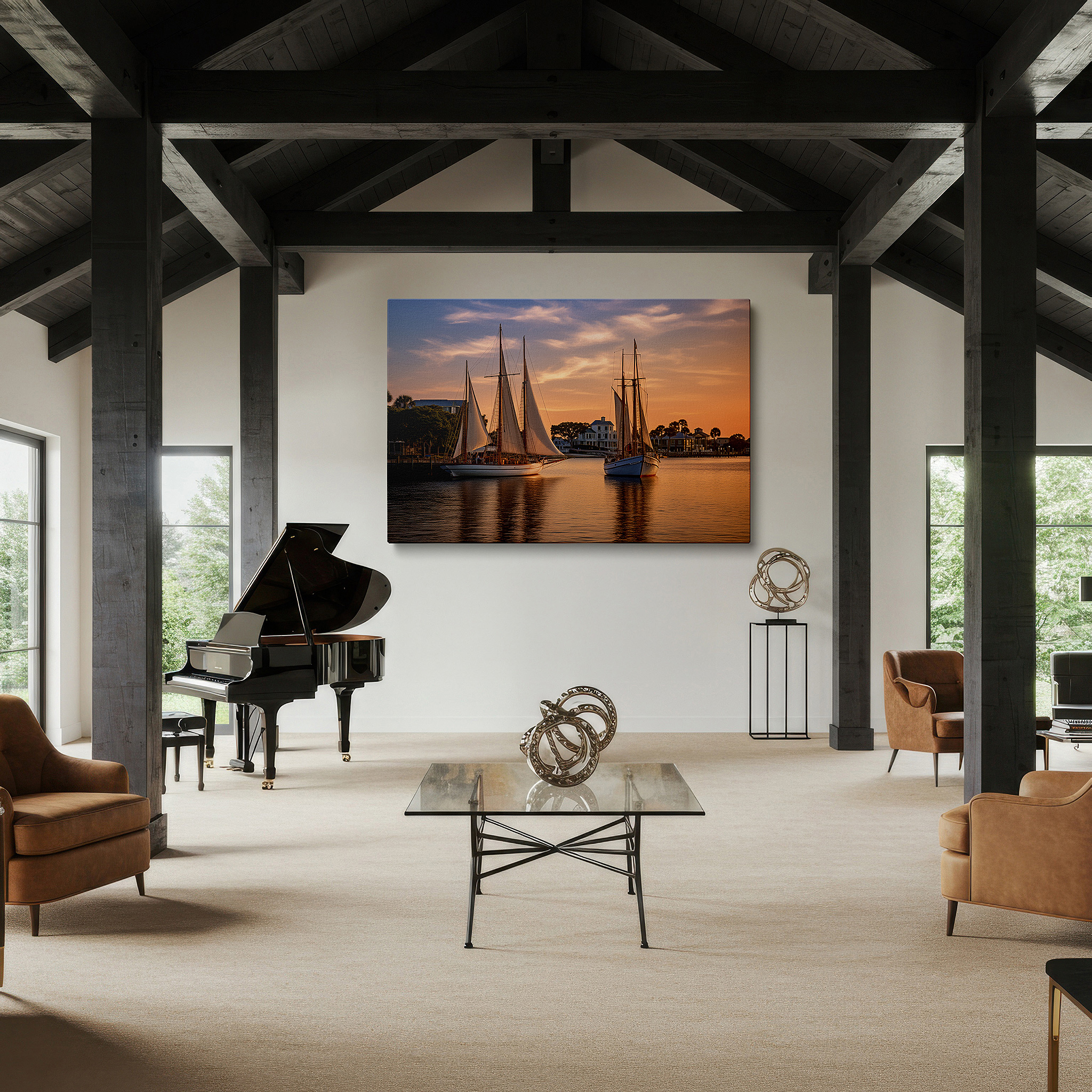 Back view reveals professional finishing and solid wood frame — serene maritime sunset scene featuring elegant sailing vessels - large canvas wall art for office, bedroom, and living room decor