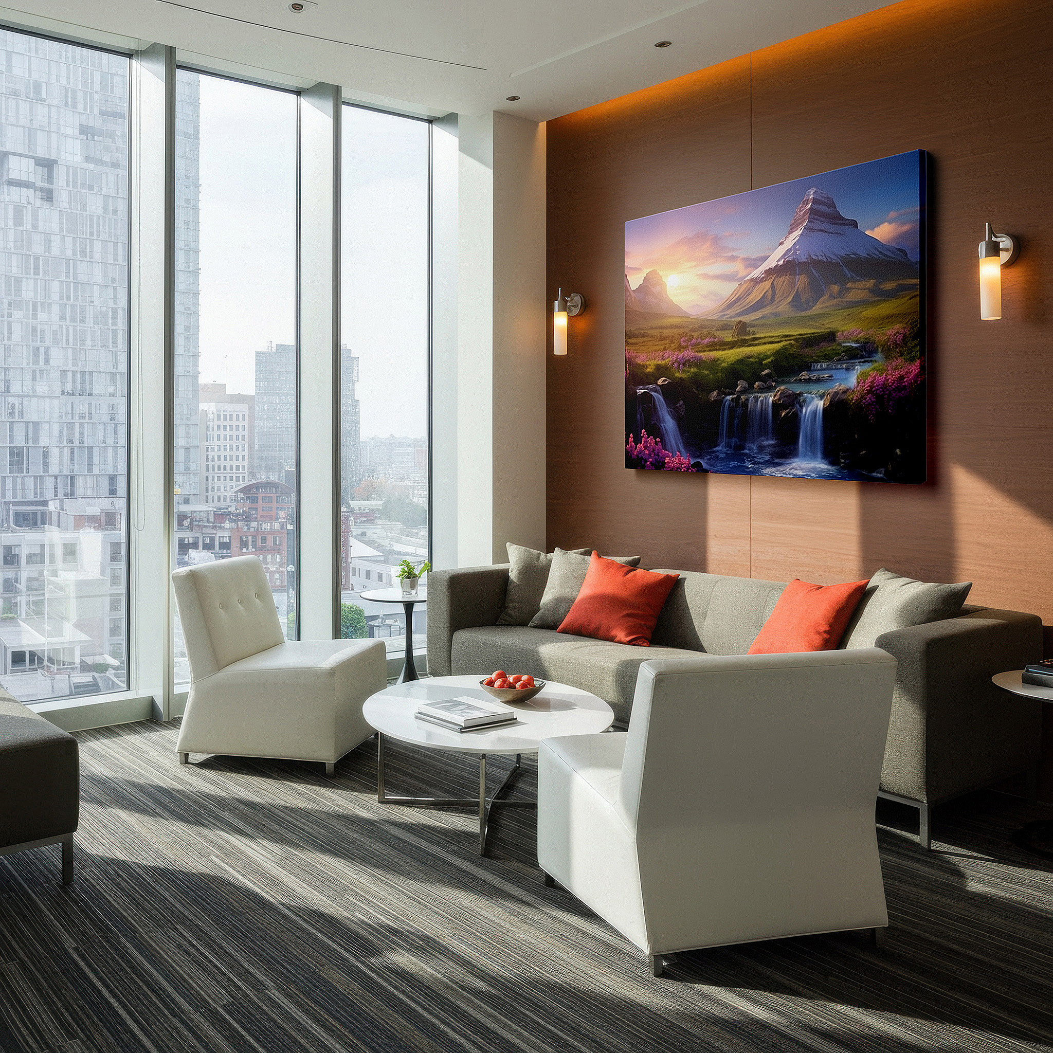 Back view reveals professional finishing and solid wood frame — serene mountain scenery with bright flowers and grand waterfalls - oversized wall art, canvas print, home and office decor