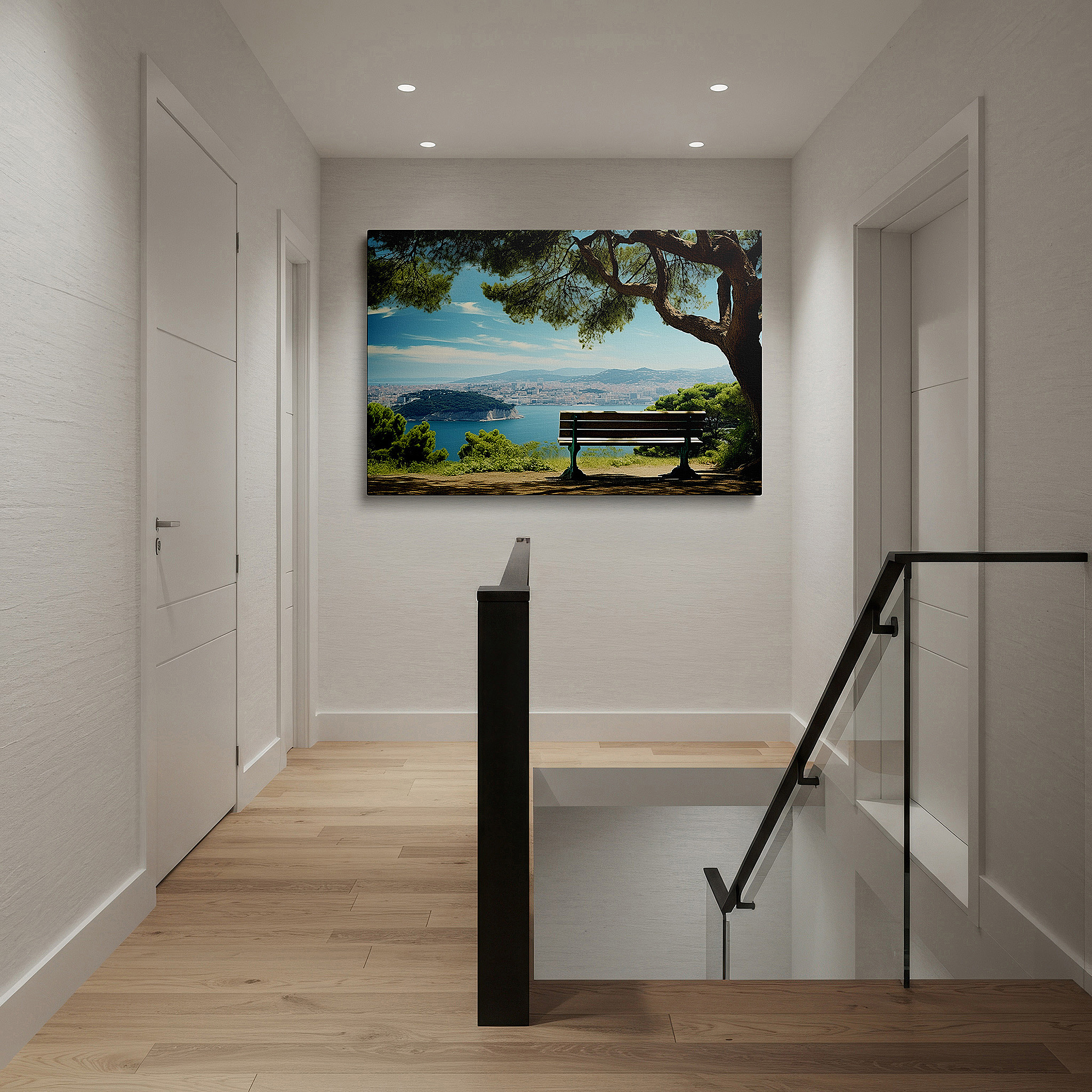 Back view reveals professional finishing and solid wood frame — serene sanctuary canvas wall art featuring a shaded bench under a majestic tree with views of rolling hills and sparkling waters