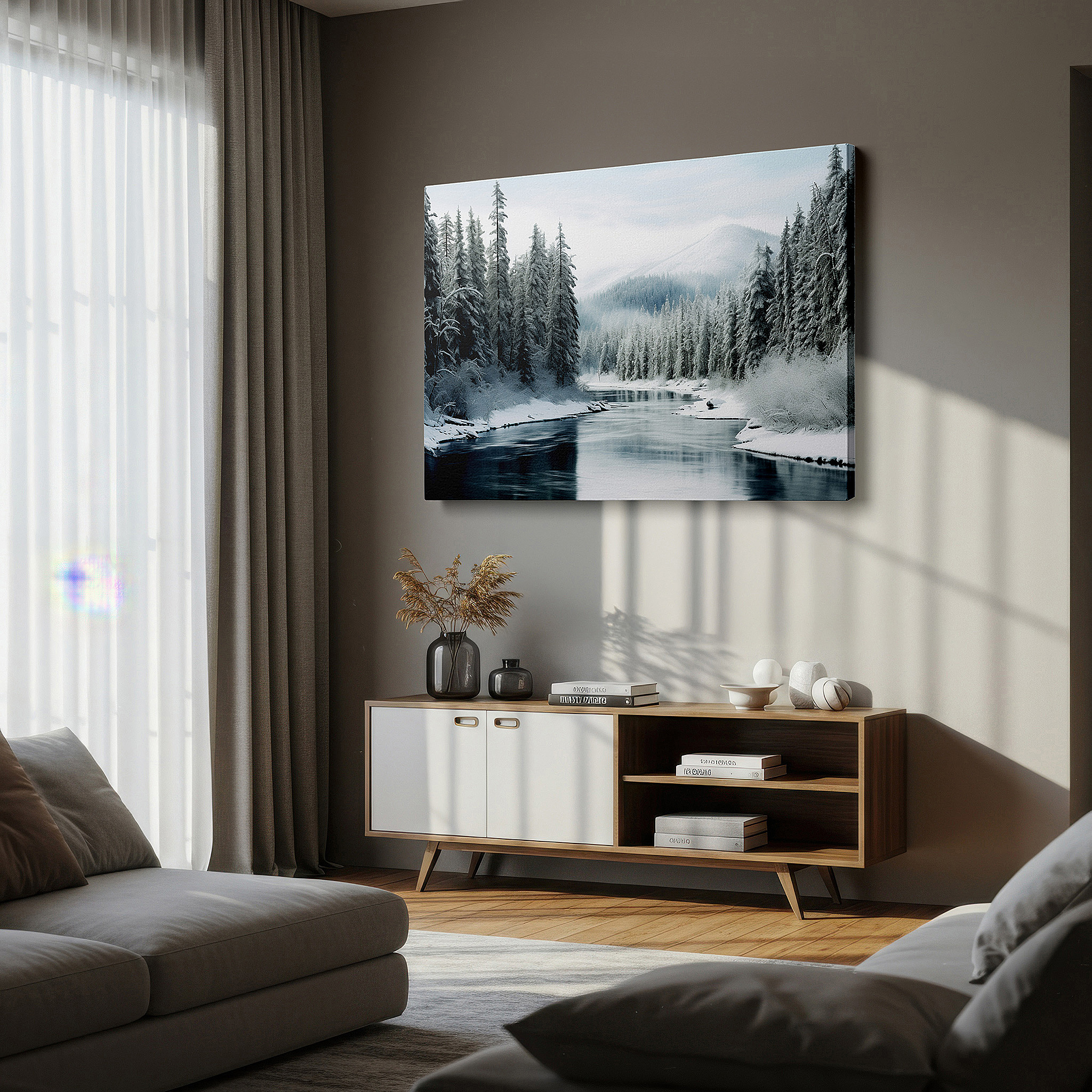 Back view reveals professional finishing and solid wood frame — serene winter river scene, peaceful snow-covered forest journey large wall art, canvas wall art, wall decor for office and bedroom