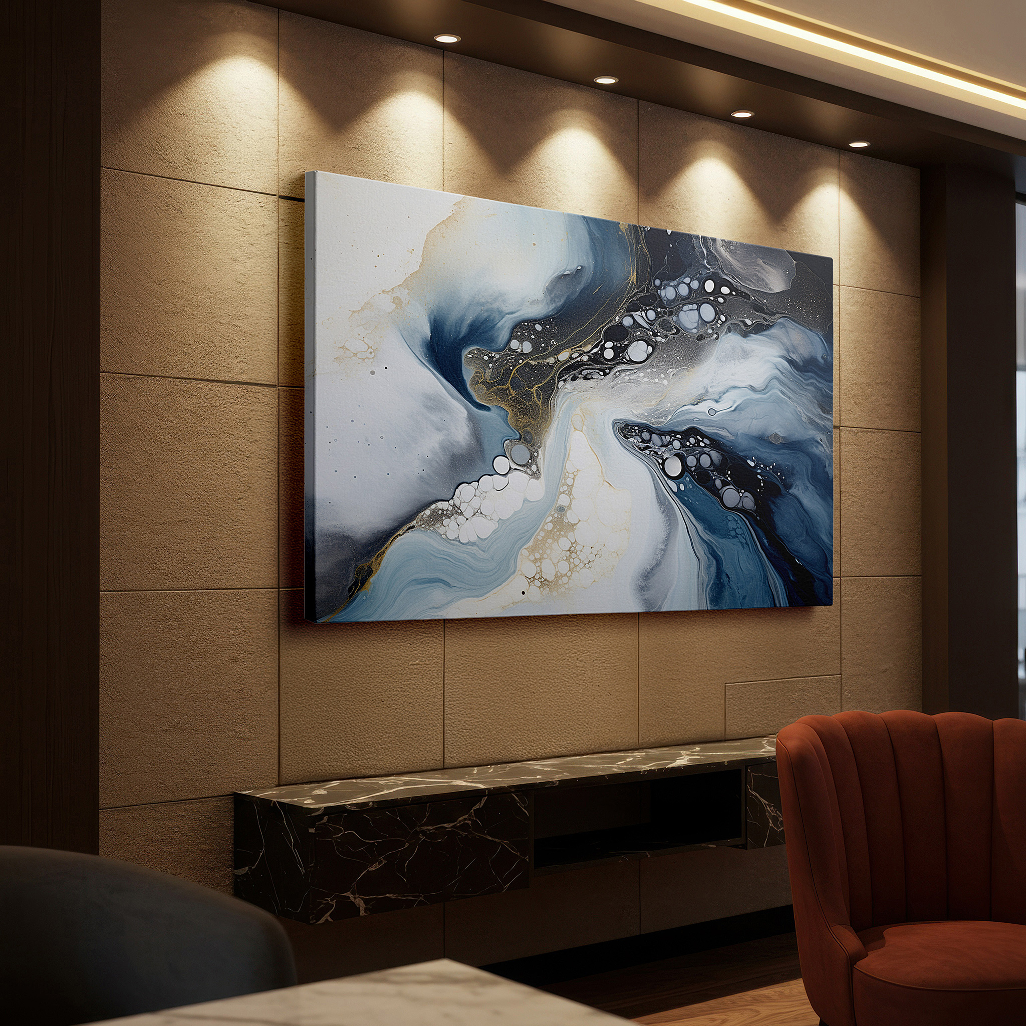 Back view reveals professional finishing and solid wood frame — soft blues, whites, and golds in serene circles: tranquil abstract harmony large wall art, canvas wall art, wall decor for office and bedroom