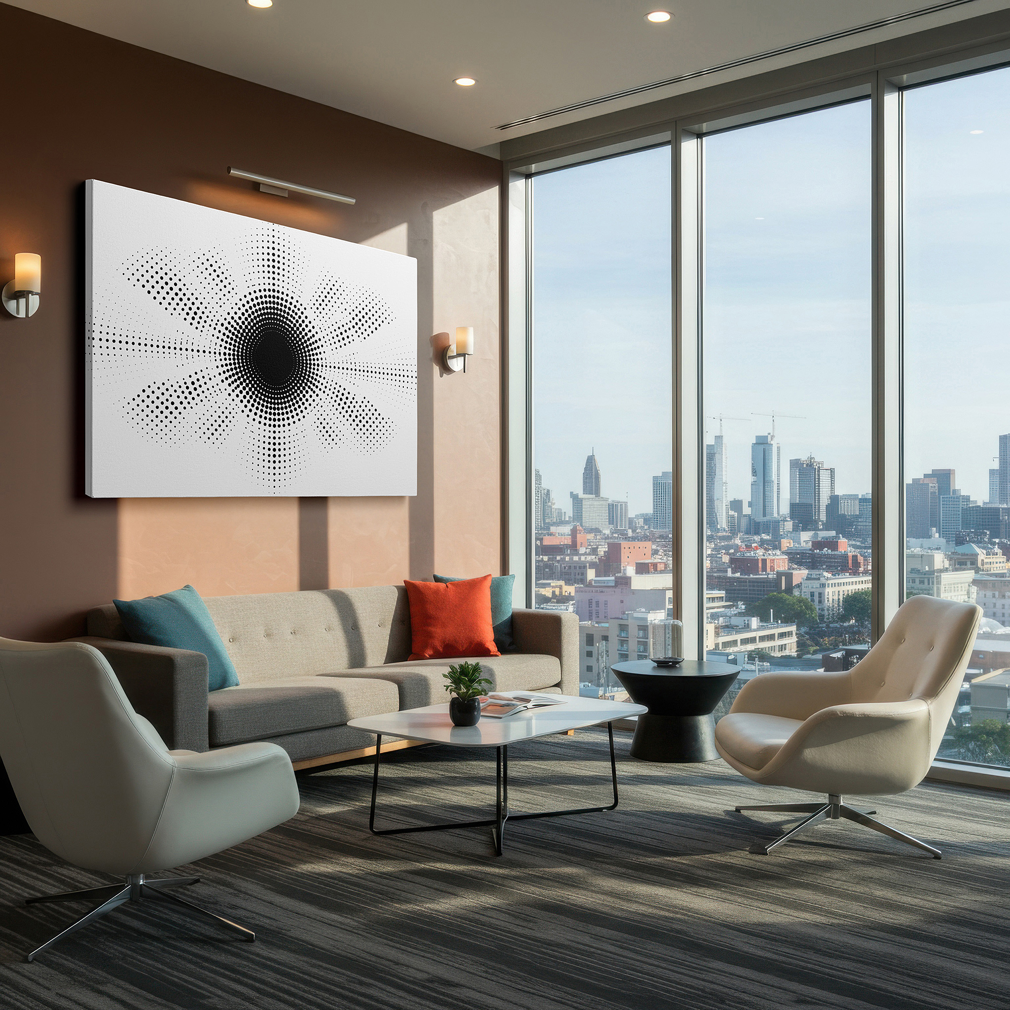 Back view reveals professional finishing and solid wood frame — sophisticated black and white dot abstract large wall art, creating depth and movement, perfect for office or bedroom decor