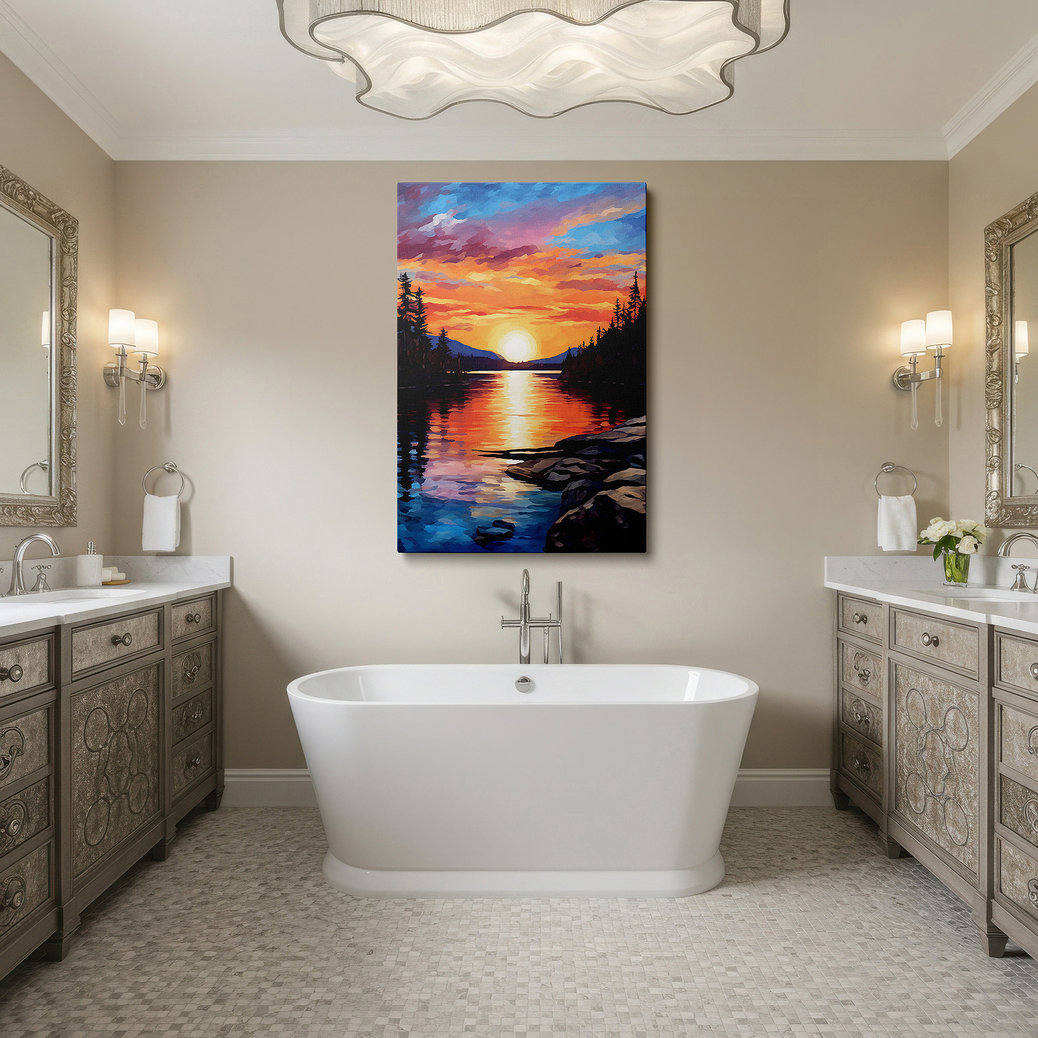 Back view reveals professional finishing and solid wood frame — sunset serenity over a tranquil river: a vivid display of nature's palette - large canvas wall art for office and bedroom decor