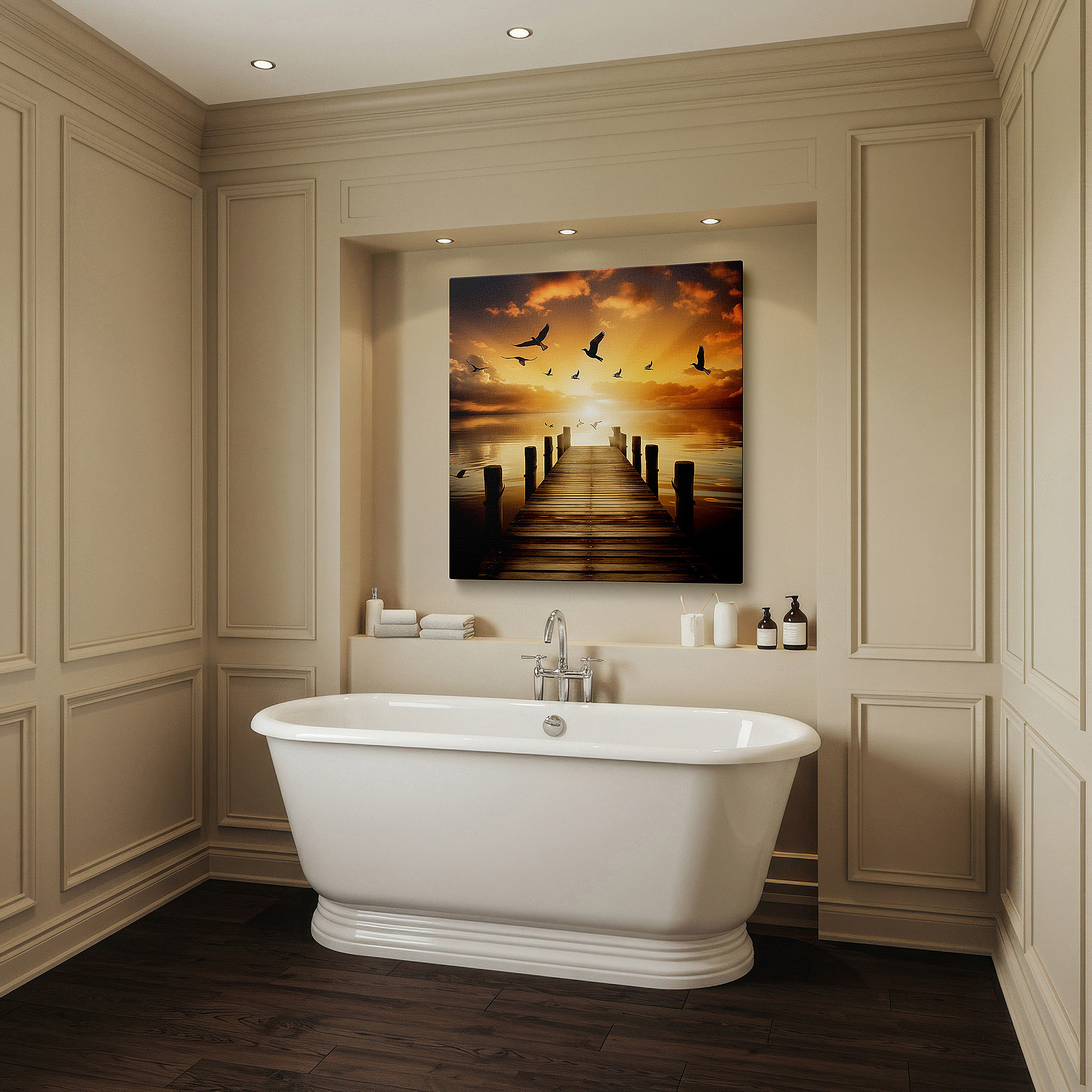 Back view reveals professional finishing and solid wood frame — sunset serenity at the weathered pier wall art: reflective waters and birds in flight - large canvas for office or bedroom decor