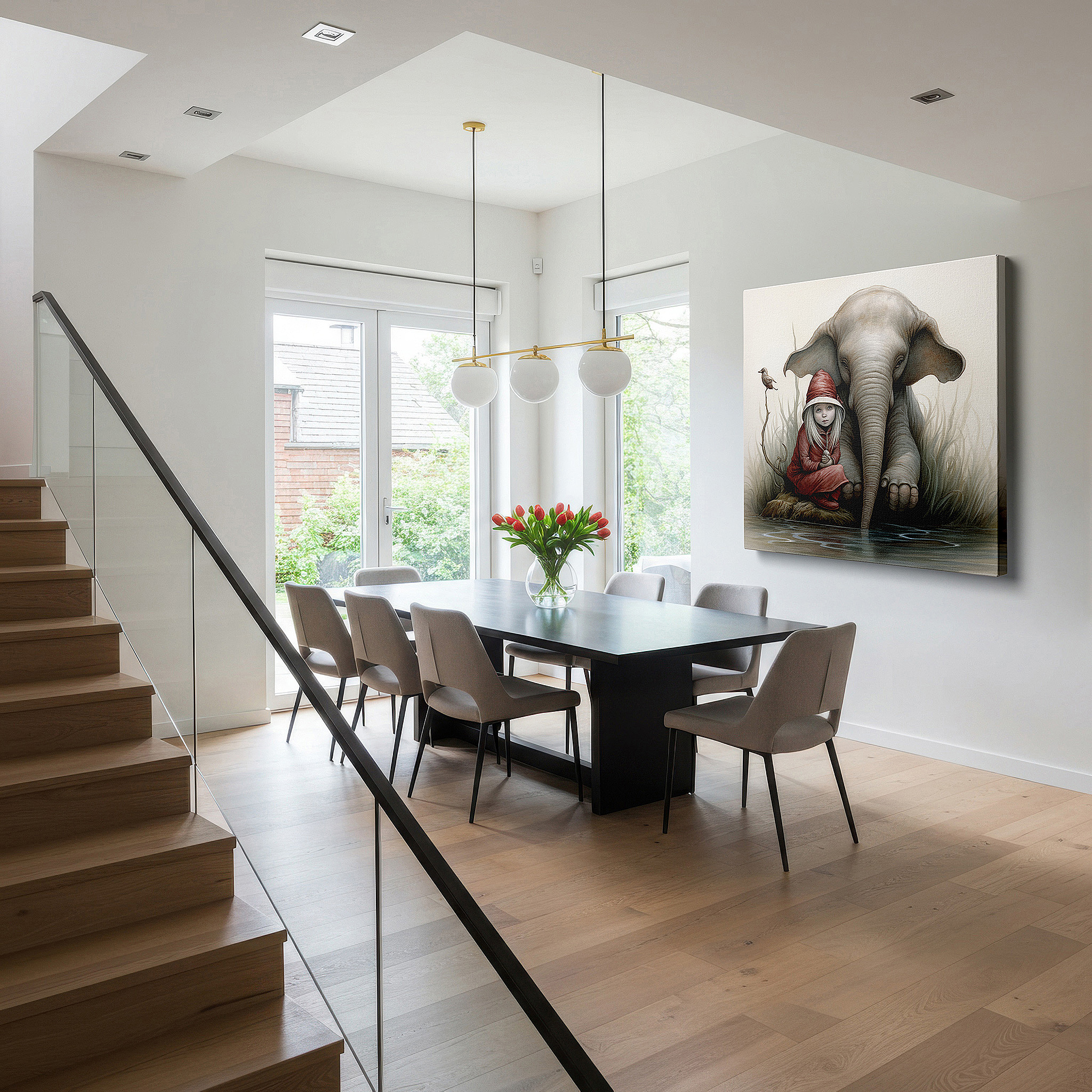 Back view reveals professional finishing and solid wood frame — tranquil moments by the water: featuring a young girl and majestic elephant - large canvas wall art for office and bedroom decor