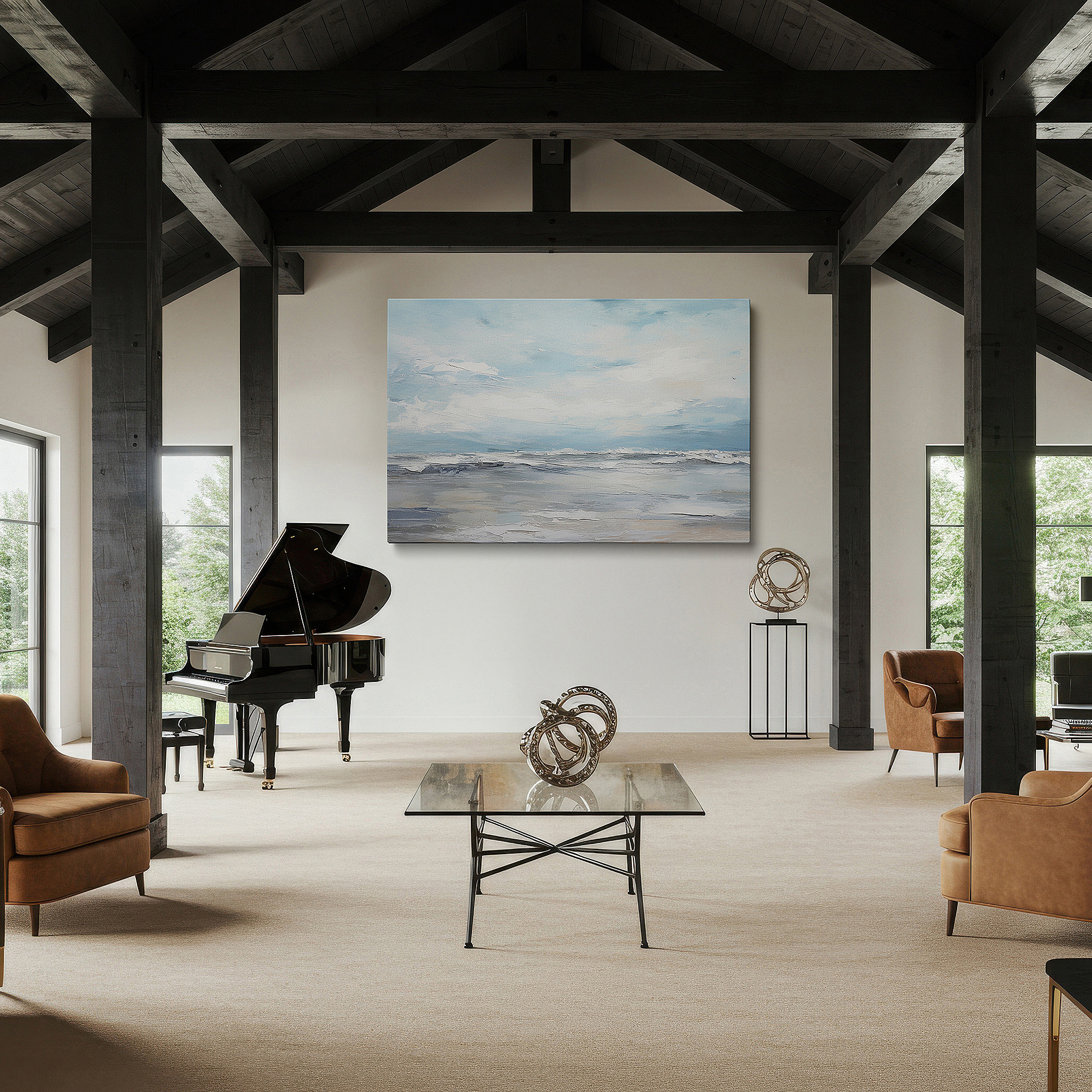 Back view reveals professional finishing and solid wood frame — tranquil ocean and sky-inspired large wall art in serene blues and whites, ideal for office decor, canvas wall art