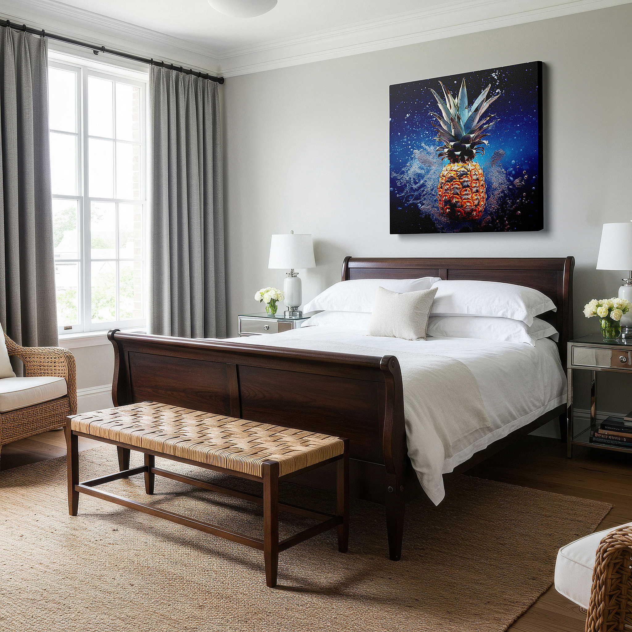 Back view reveals professional finishing and solid wood frame — tropical pineapple splash wall art: vibrant summer symphony on deep ocean blue canvas, perfect for office or bedroom decor