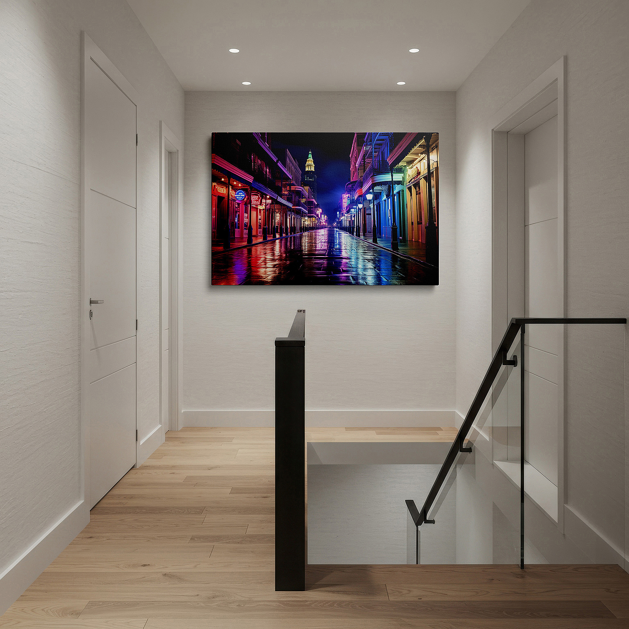 Back view reveals professional finishing and solid wood frame — urban nights neon glow - rain-slicked streets vibrant with city life large wall art, canvas wall art, wall decor for office and bedroom