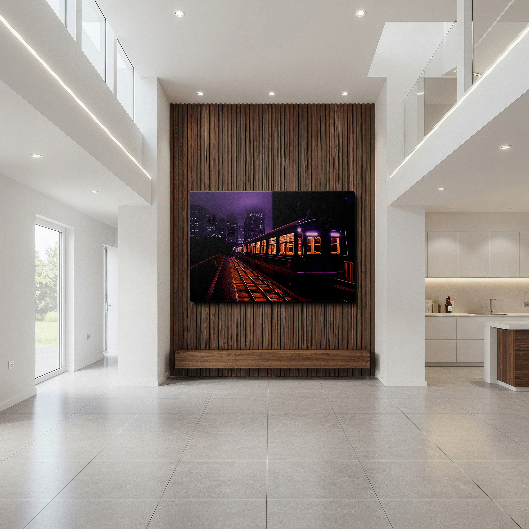 Back view reveals professional finishing and solid wood frame — urban solitude and mystery: purple train under soft lighting - large canvas wall art for office and bedroom decor