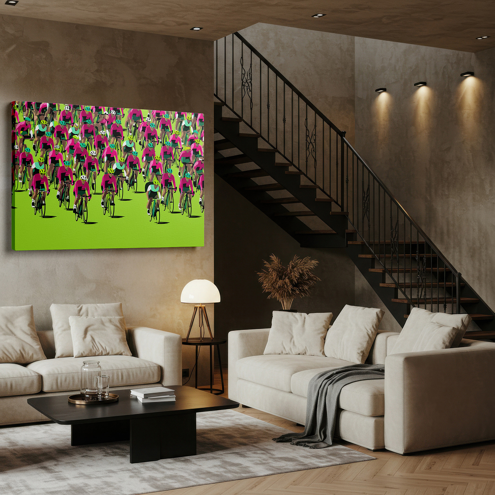 Back view reveals professional finishing and solid wood frame — vibrant cycling race wall art: experience the excitement and motion of sports with a lush green background, perfect for office decor