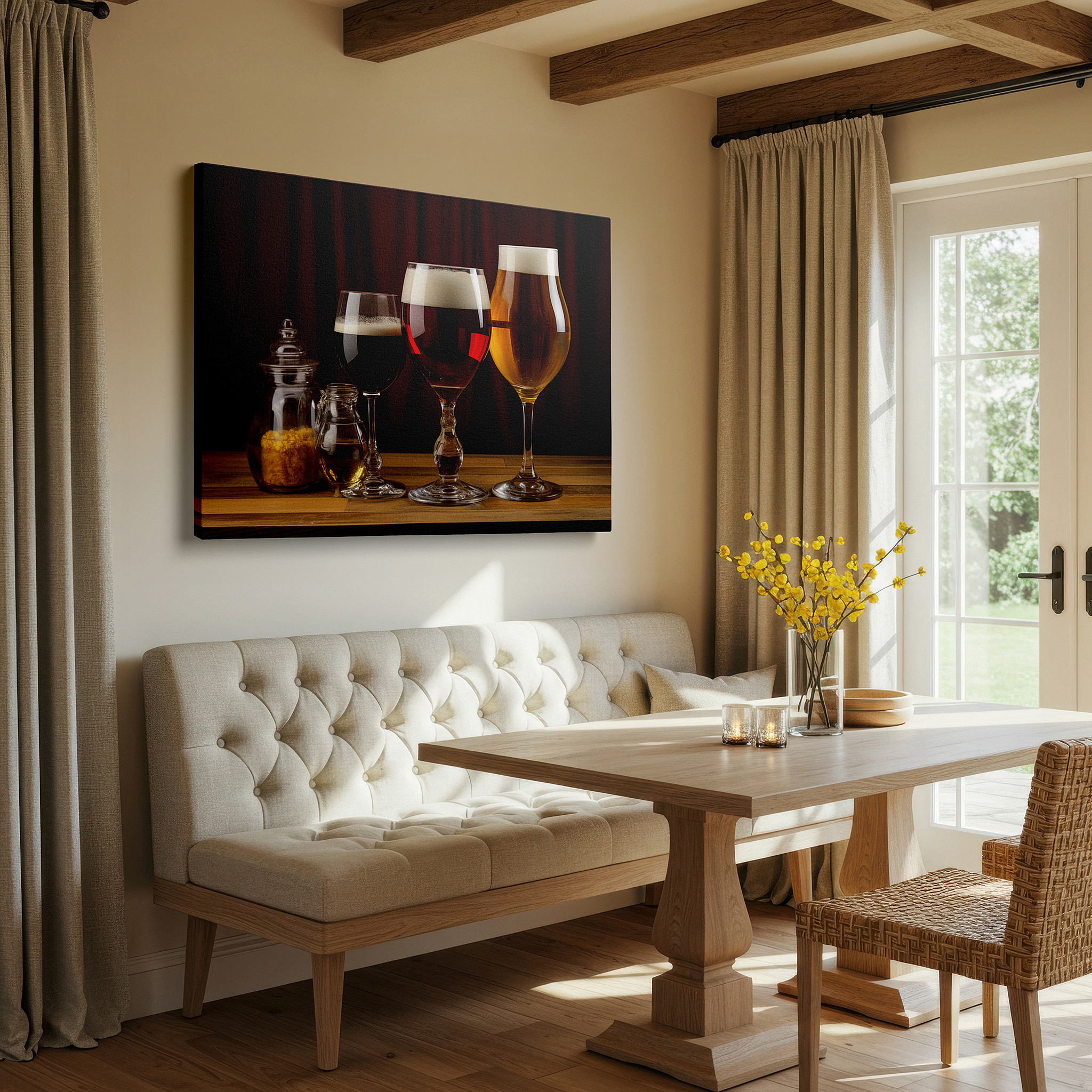 Back view reveals professional finishing and solid wood frame — a visual tribute to craft brewing featuring artisan beers, syrups, and sophisticated glassware: large wall art, canvas wall art, wall decor, office wall art